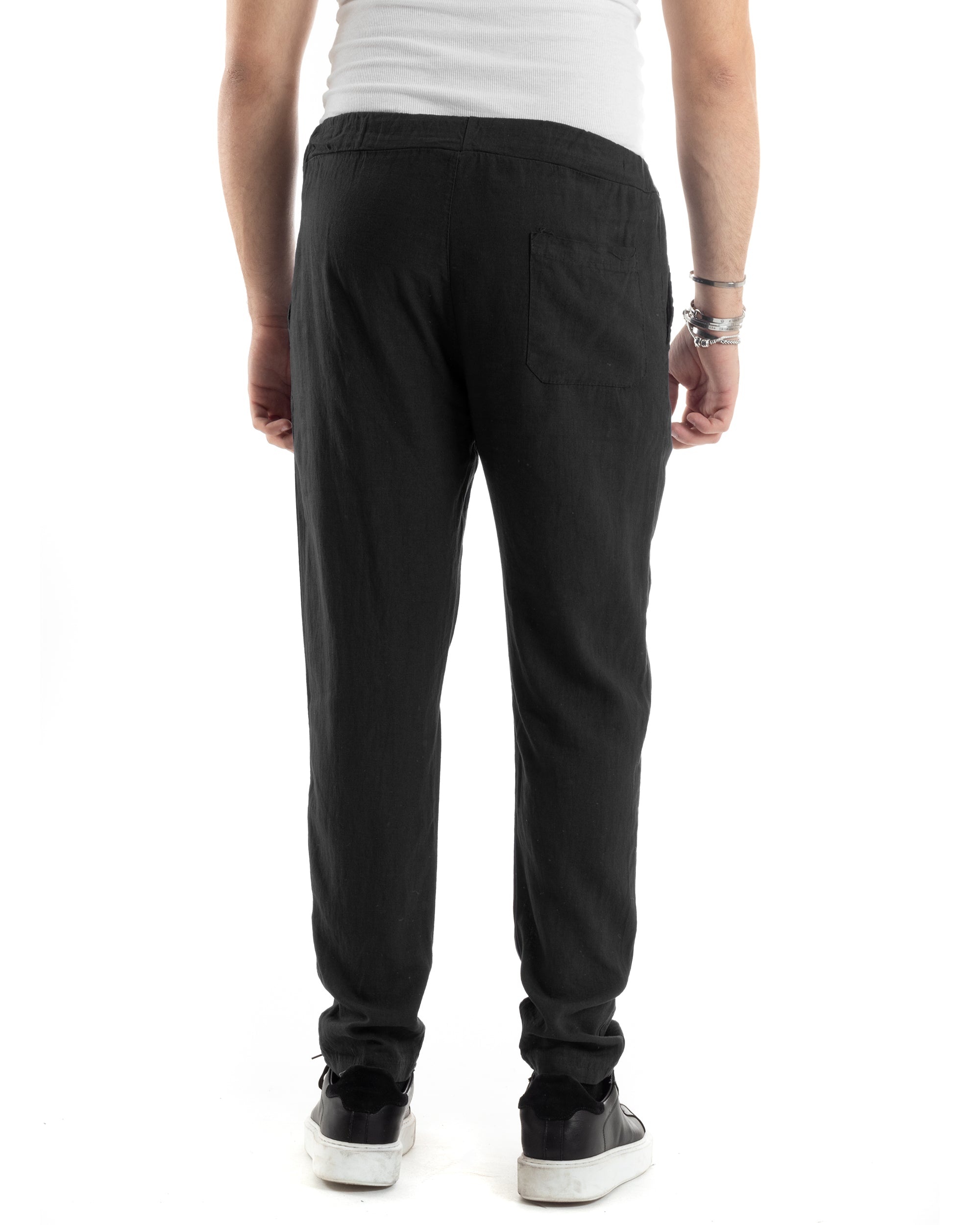 Pantaloni Uomo Lino Pantalaccio Lungo Con Elastico Regular Fit Con Coulisse Tinta Unita Nero Casual GIOSAL-P6096A