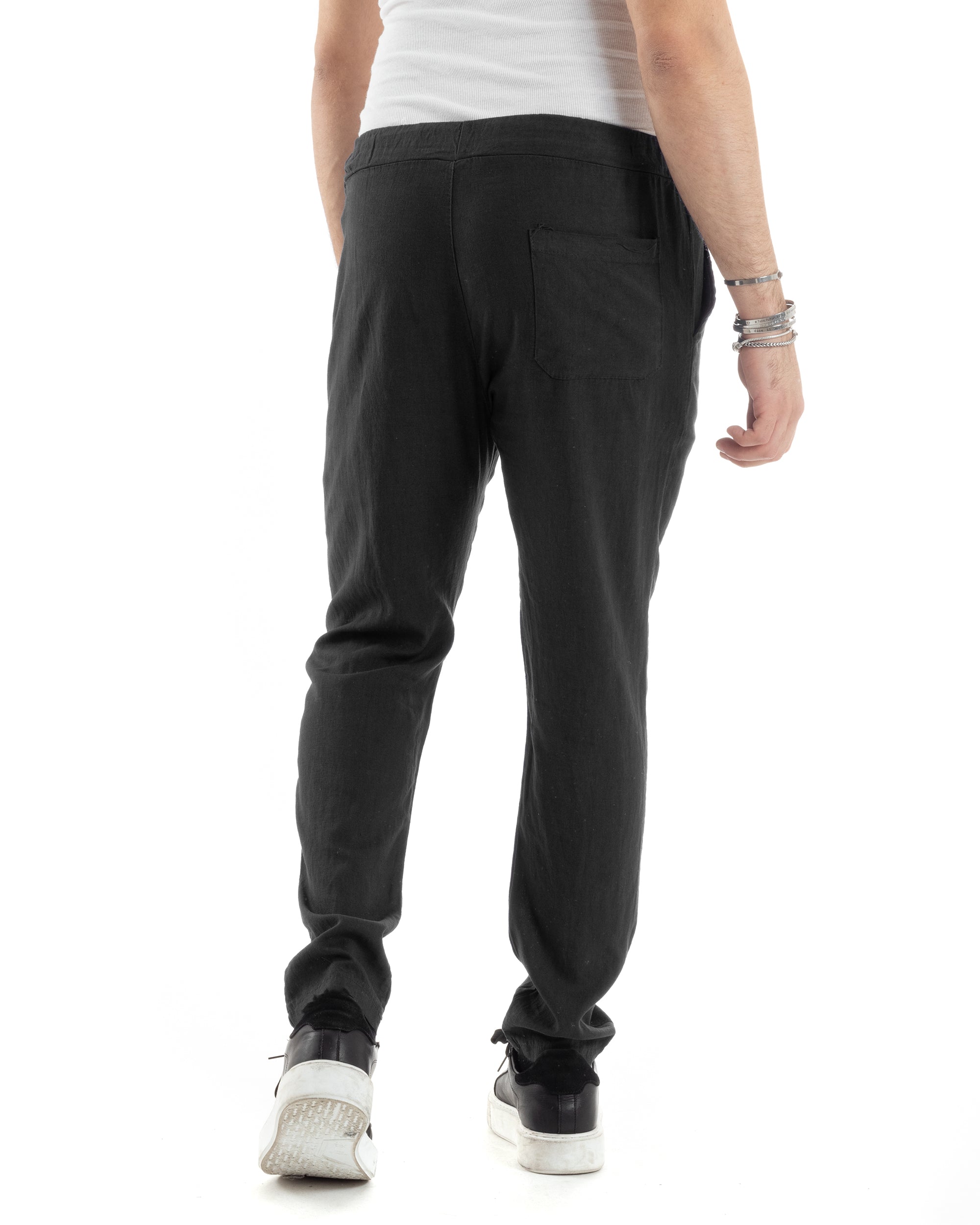 Pantaloni Uomo Lino Pantalaccio Lungo Elastico Regular Fit Tinta Unita Nero Casual GIOSAL-P6096A