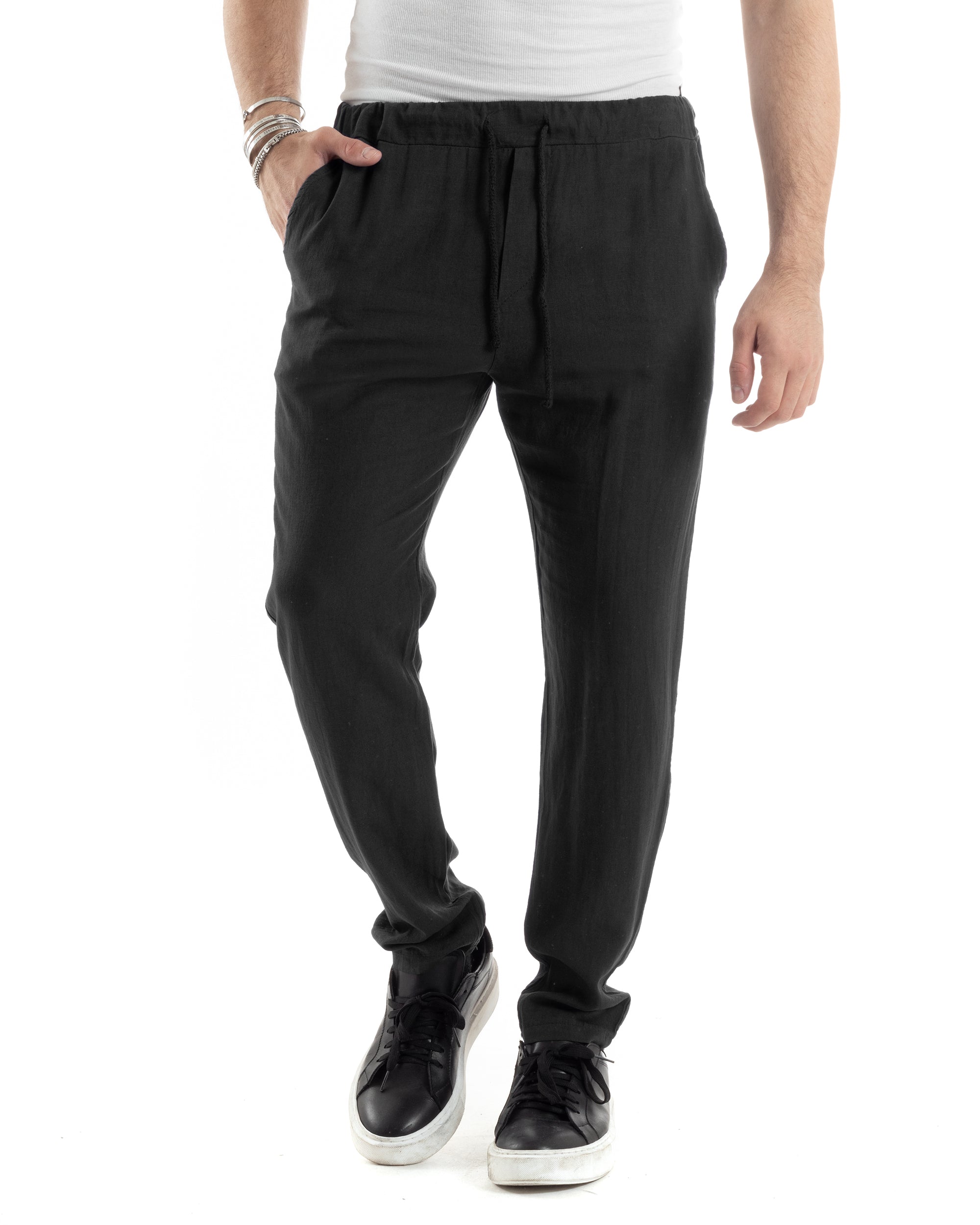 Pantaloni Uomo Lino Pantalaccio Lungo Con Elastico Regular Fit Con Coulisse Tinta Unita Nero Casual GIOSAL-P6096A