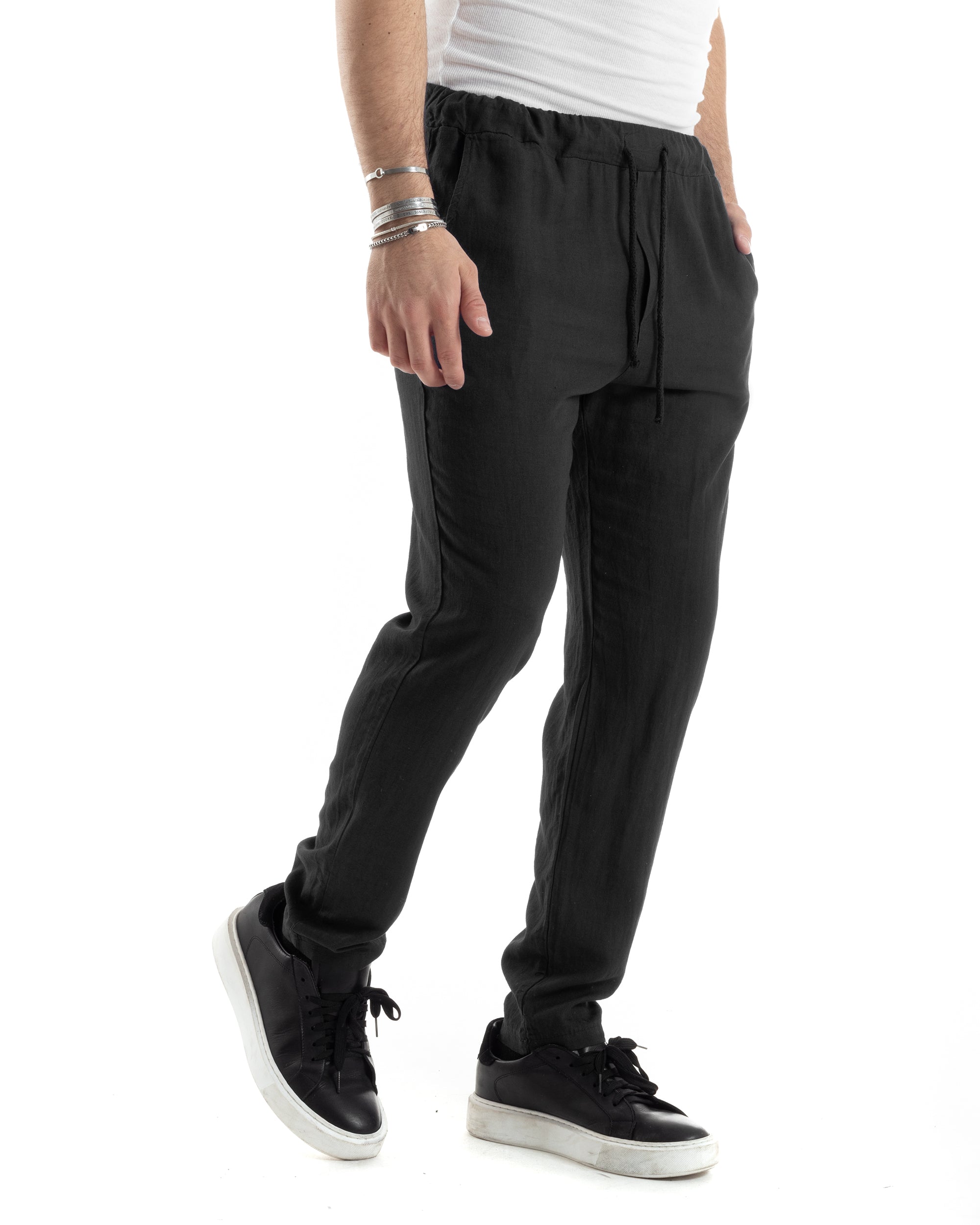 Pantaloni Uomo Lino Pantalaccio Lungo Con Elastico Regular Fit Con Coulisse Tinta Unita Nero Casual GIOSAL-P6096A