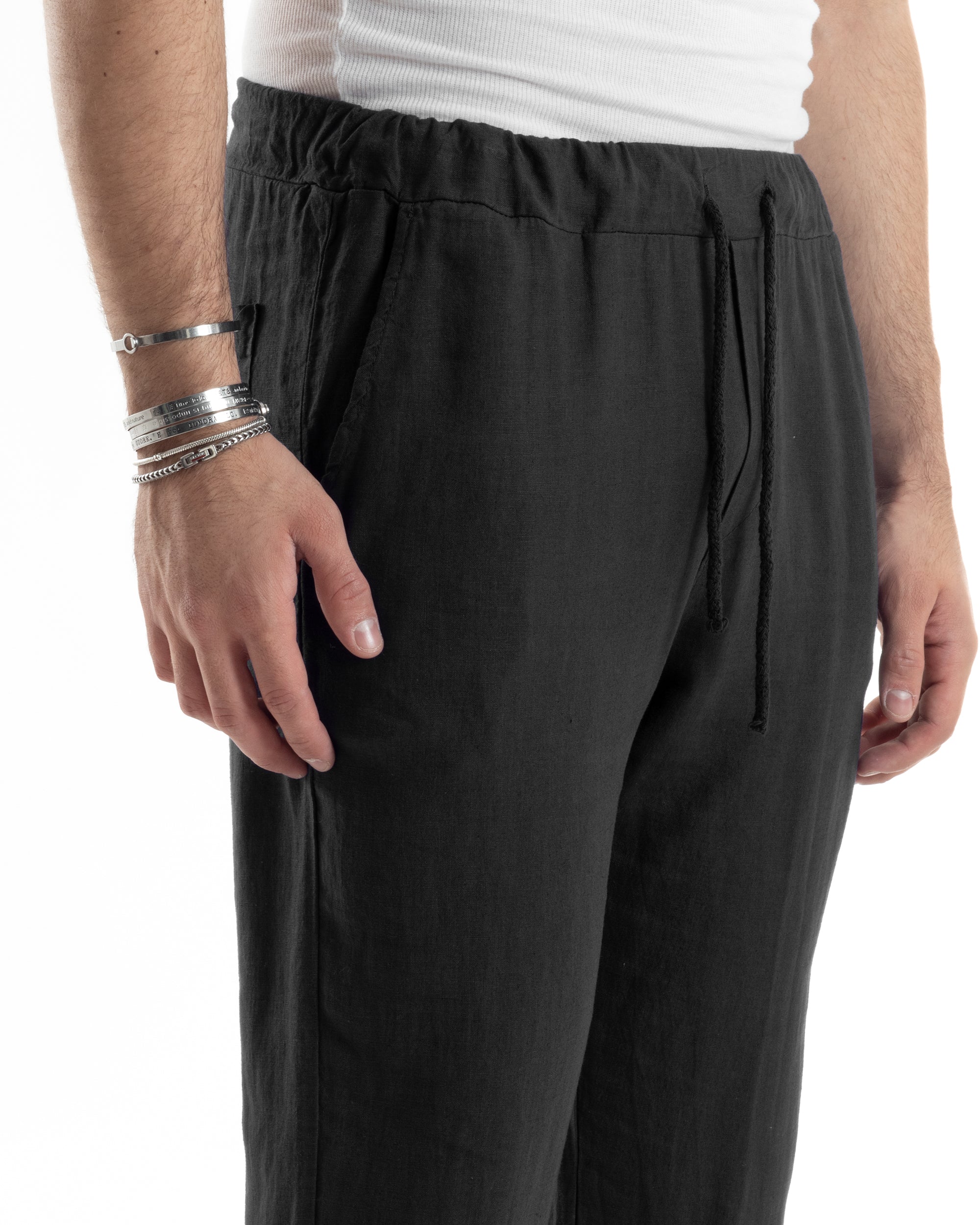 Pantaloni Uomo Lino Pantalaccio Lungo Con Elastico Regular Fit Con Coulisse Tinta Unita Nero Casual GIOSAL-P6096A