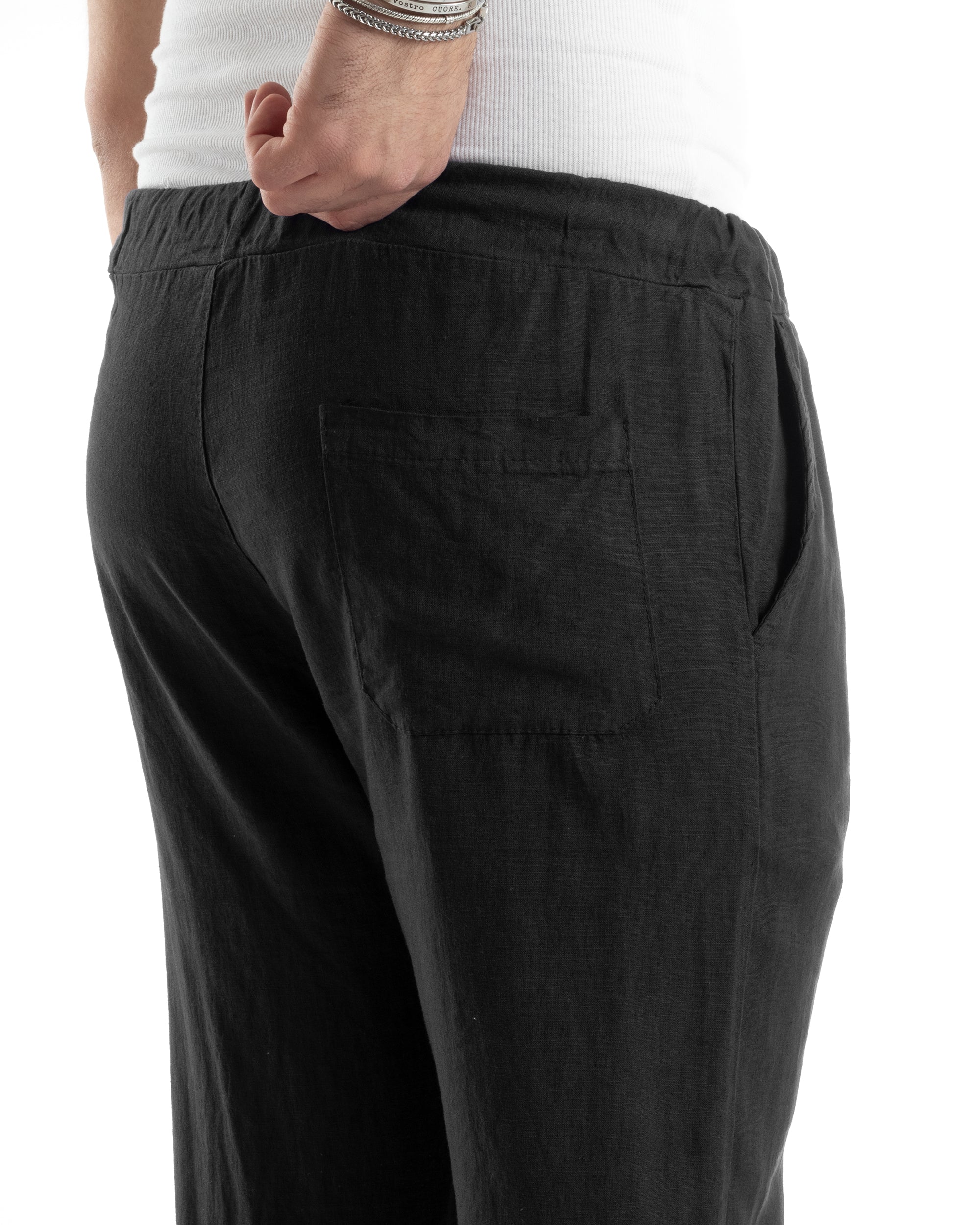 Pantaloni Uomo Lino Pantalaccio Lungo Con Elastico Regular Fit Con Coulisse Tinta Unita Nero Casual GIOSAL-P6096A