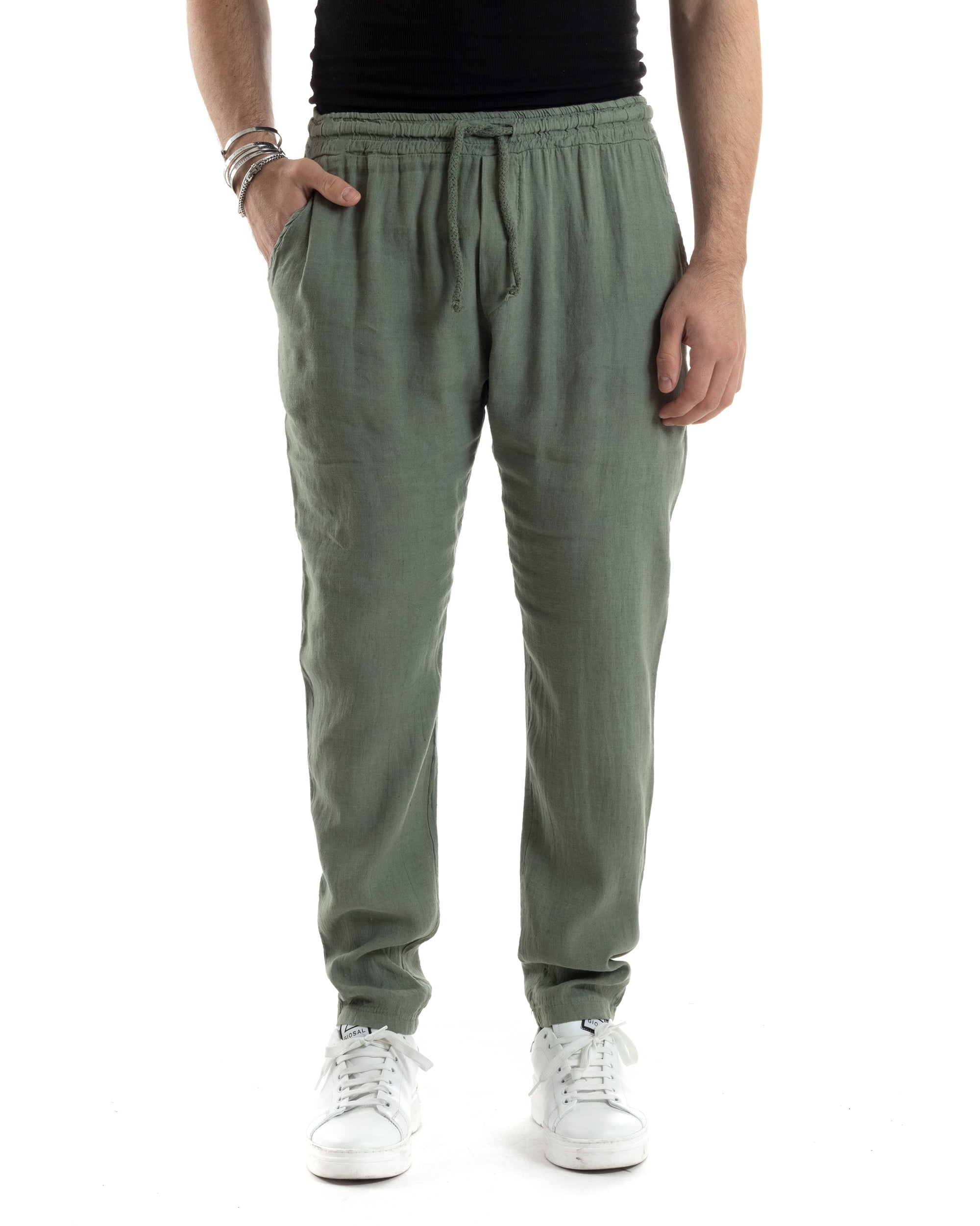 Pantaloni Uomo Lino Pantalaccio Lungo Con Elastico Regular Fit Con Coulisse Tinta Unita Verde Casual GIOSAL-P6097A