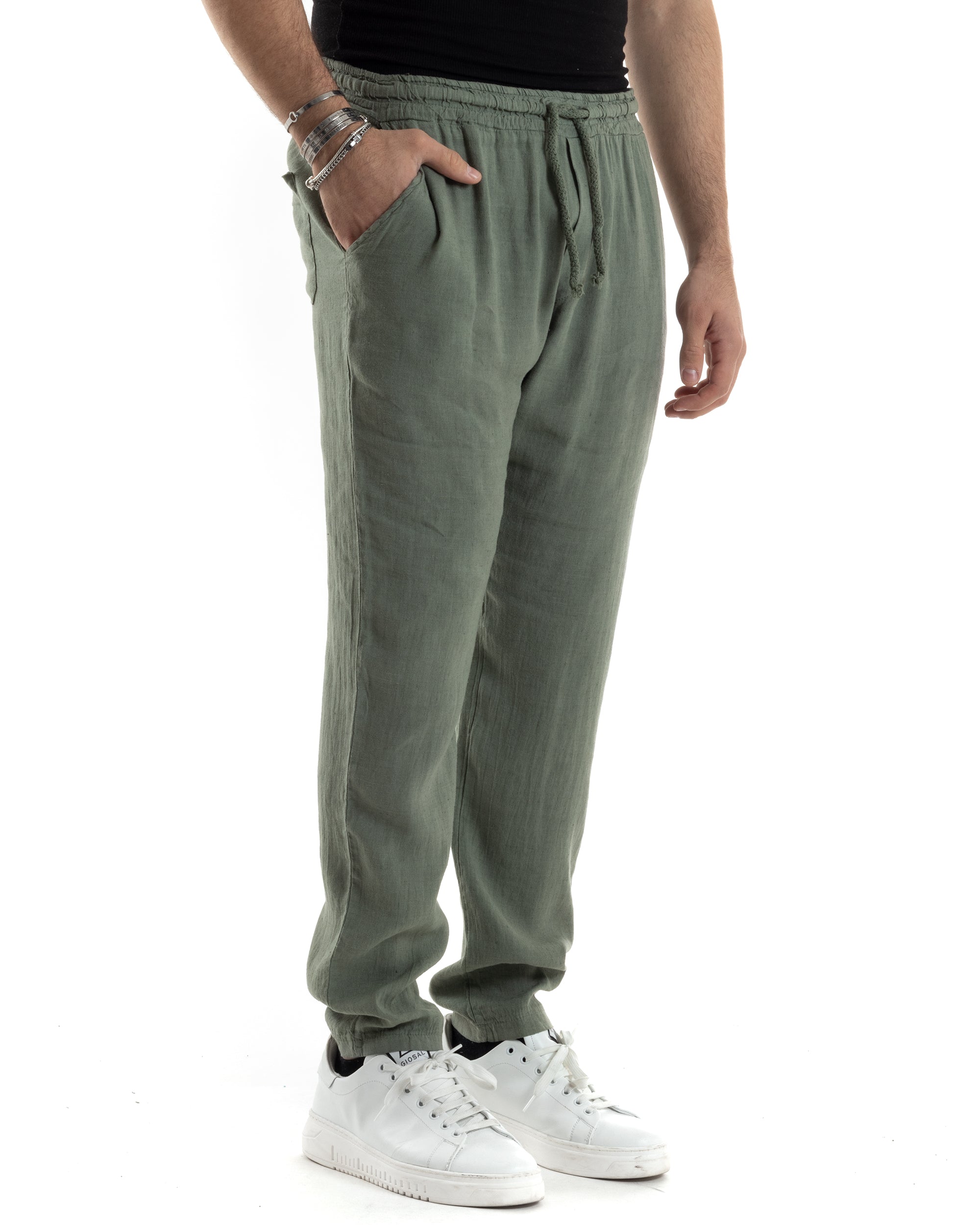 Pantaloni Uomo Lino Pantalaccio Lungo Con Elastico Regular Fit Con Coulisse Tinta Unita Verde Casual GIOSAL-P6097A