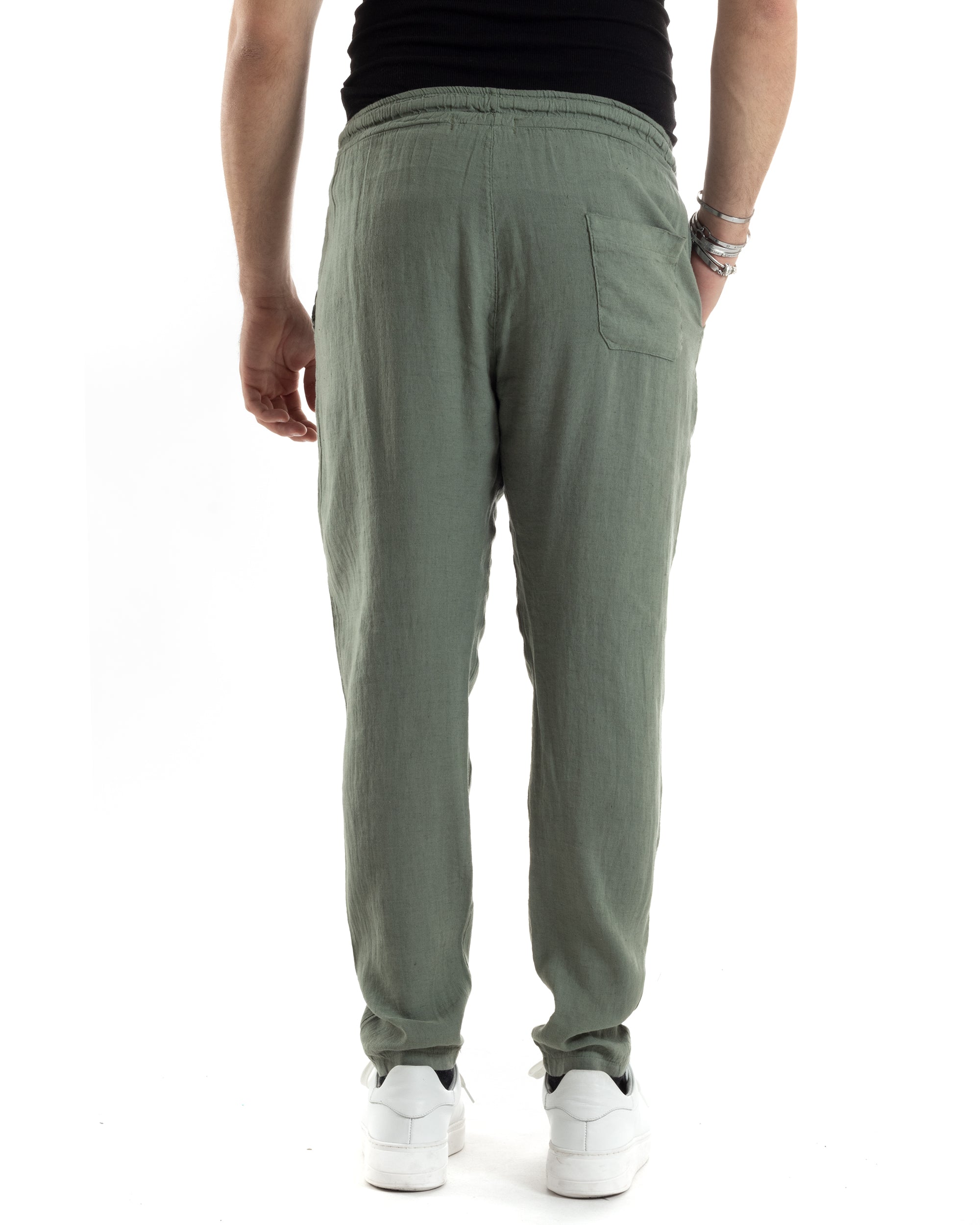 Pantaloni Uomo Lino Pantalaccio Lungo Con Elastico Regular Fit Con Coulisse Tinta Unita Verde Casual GIOSAL-P6097A