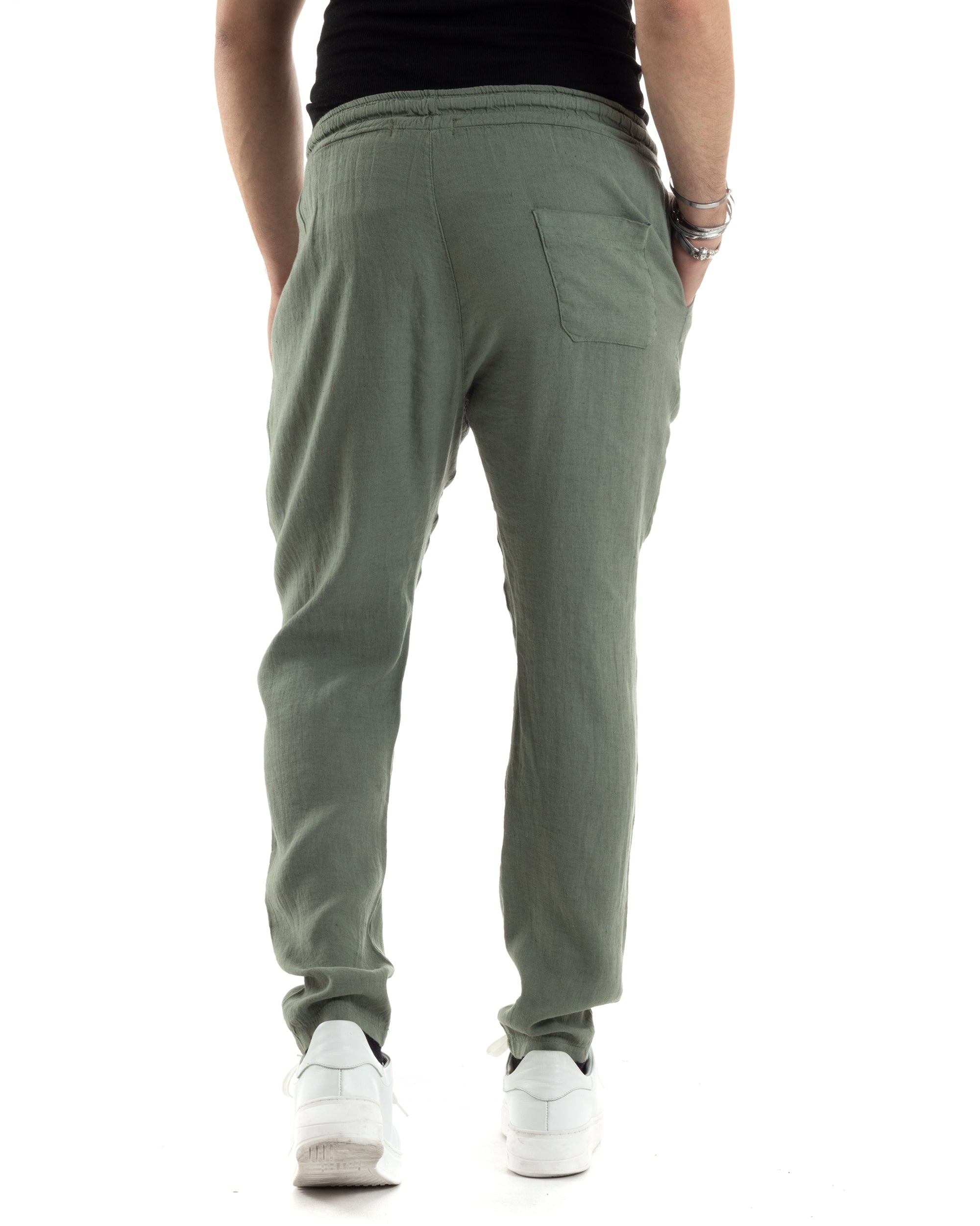 Pantaloni Uomo Lino Pantalaccio Lungo Con Elastico Regular Fit Con Coulisse Tinta Unita Verde Casual GIOSAL-P6097A