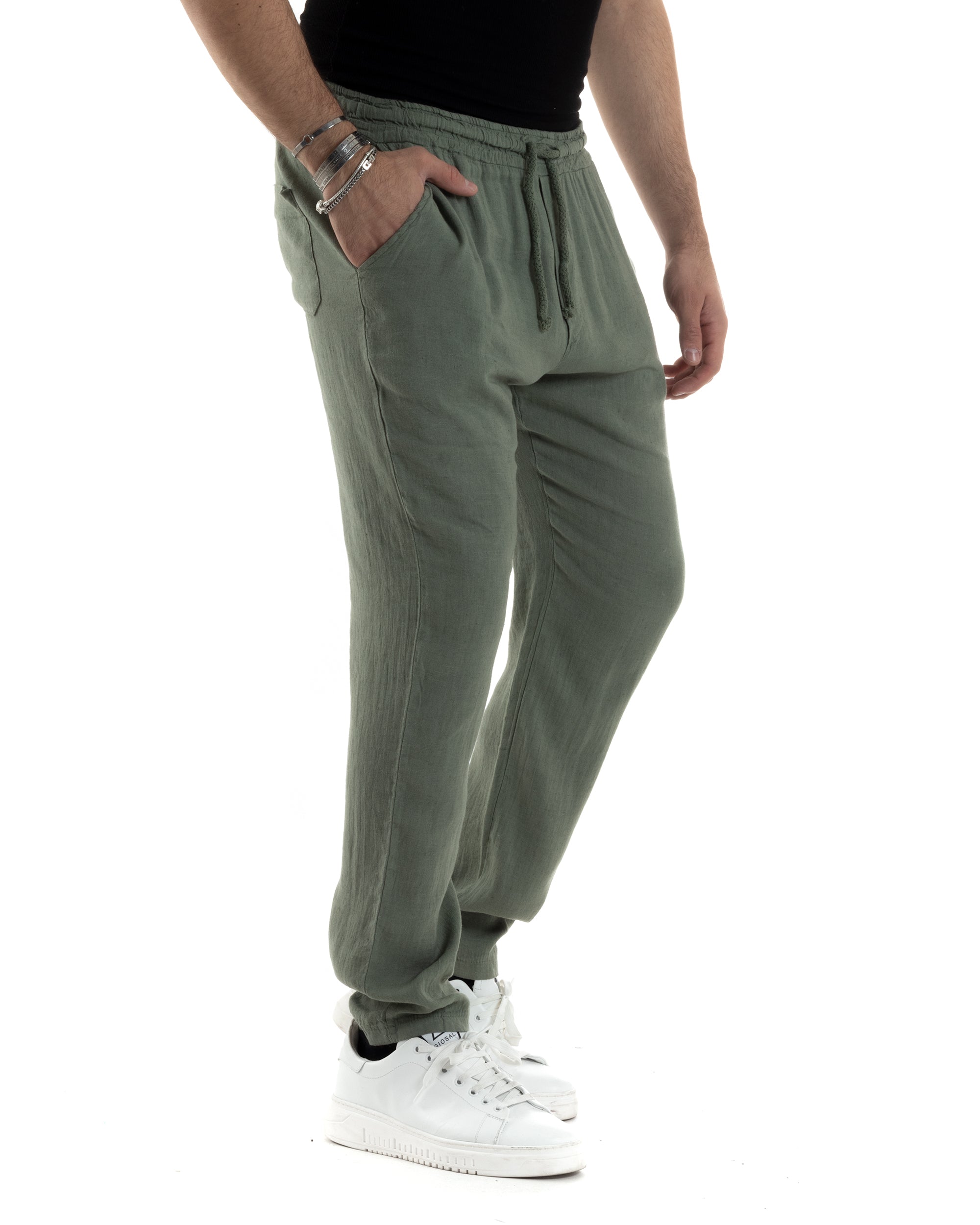 Pantaloni Uomo Lino Pantalaccio Lungo Con Elastico Regular Fit Con Coulisse Tinta Unita Verde Casual GIOSAL-P6097A