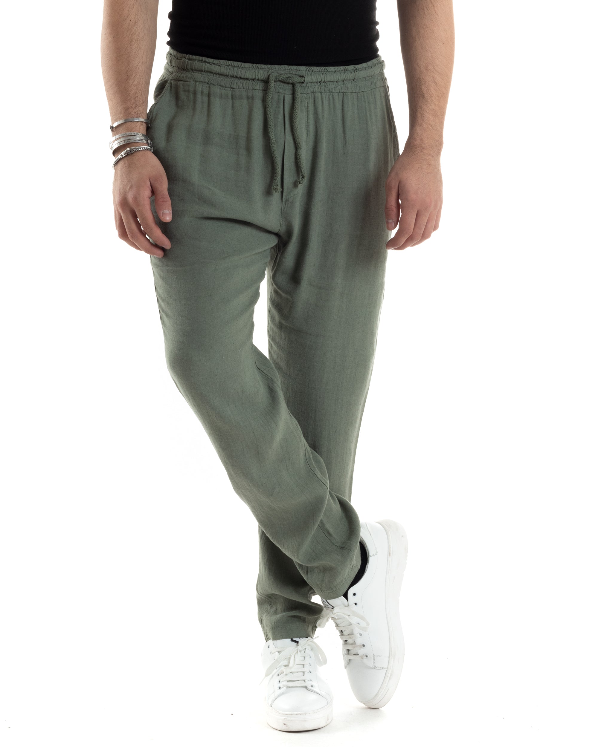 Pantaloni Uomo Lino Pantalaccio Lungo Con Elastico Regular Fit Con Cou