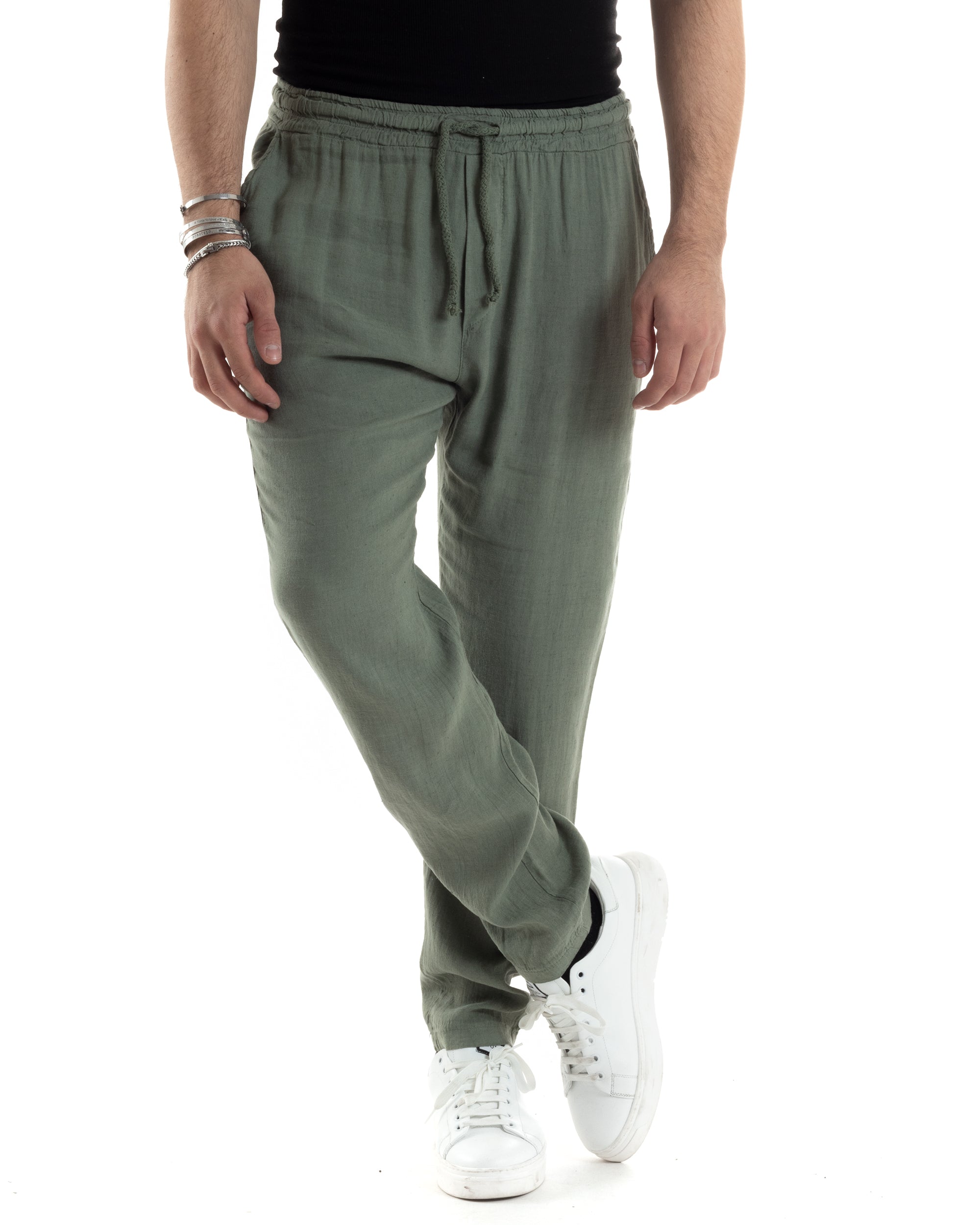 Pantaloni Uomo Lino Pantalaccio Lungo Con Elastico Regular Fit Con Coulisse Tinta Unita Verde Casual GIOSAL-P6097A