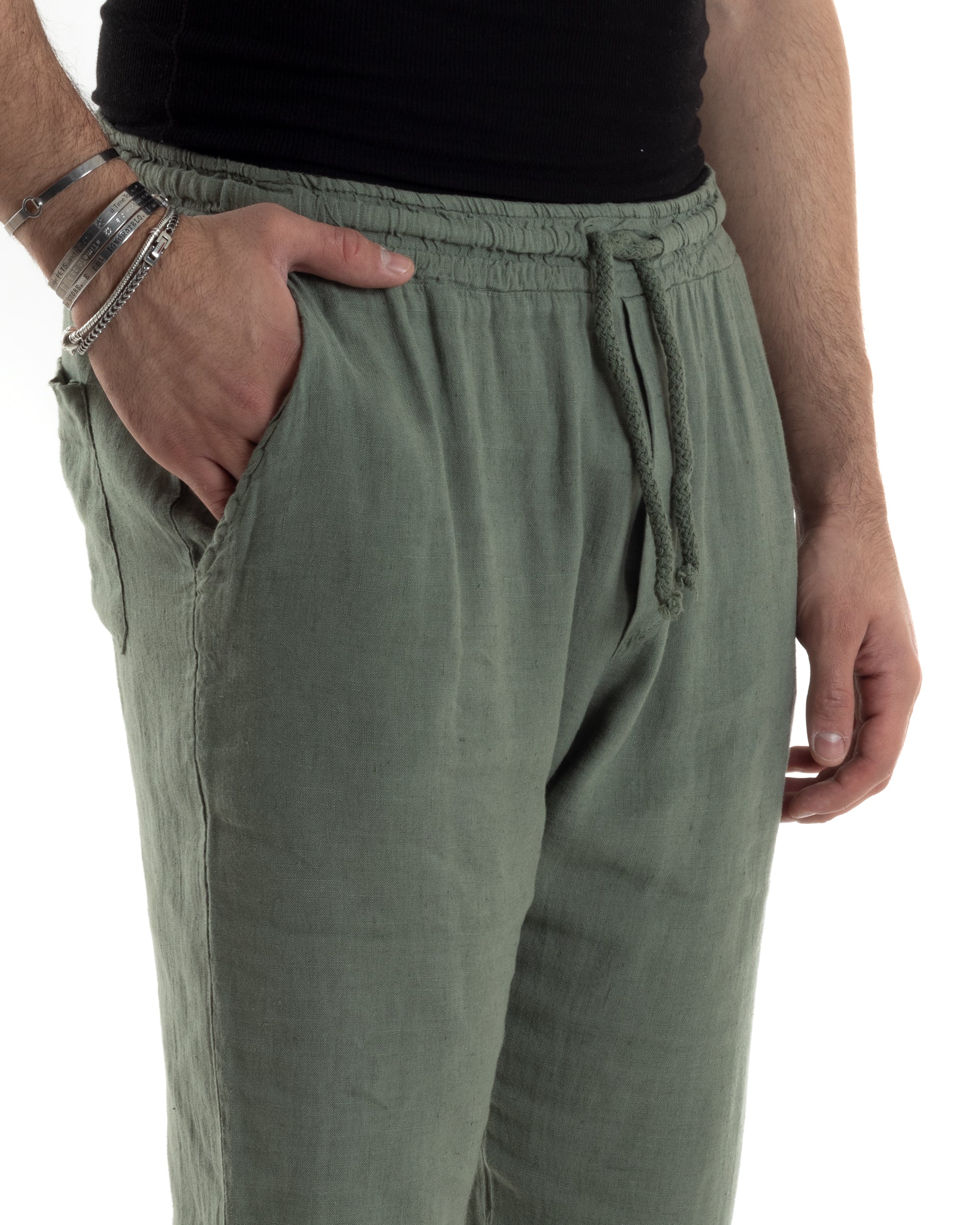 Pantaloni Uomo Lino Pantalaccio Lungo Con Elastico Regular Fit Con Coulisse Tinta Unita Verde Casual GIOSAL-P6097A