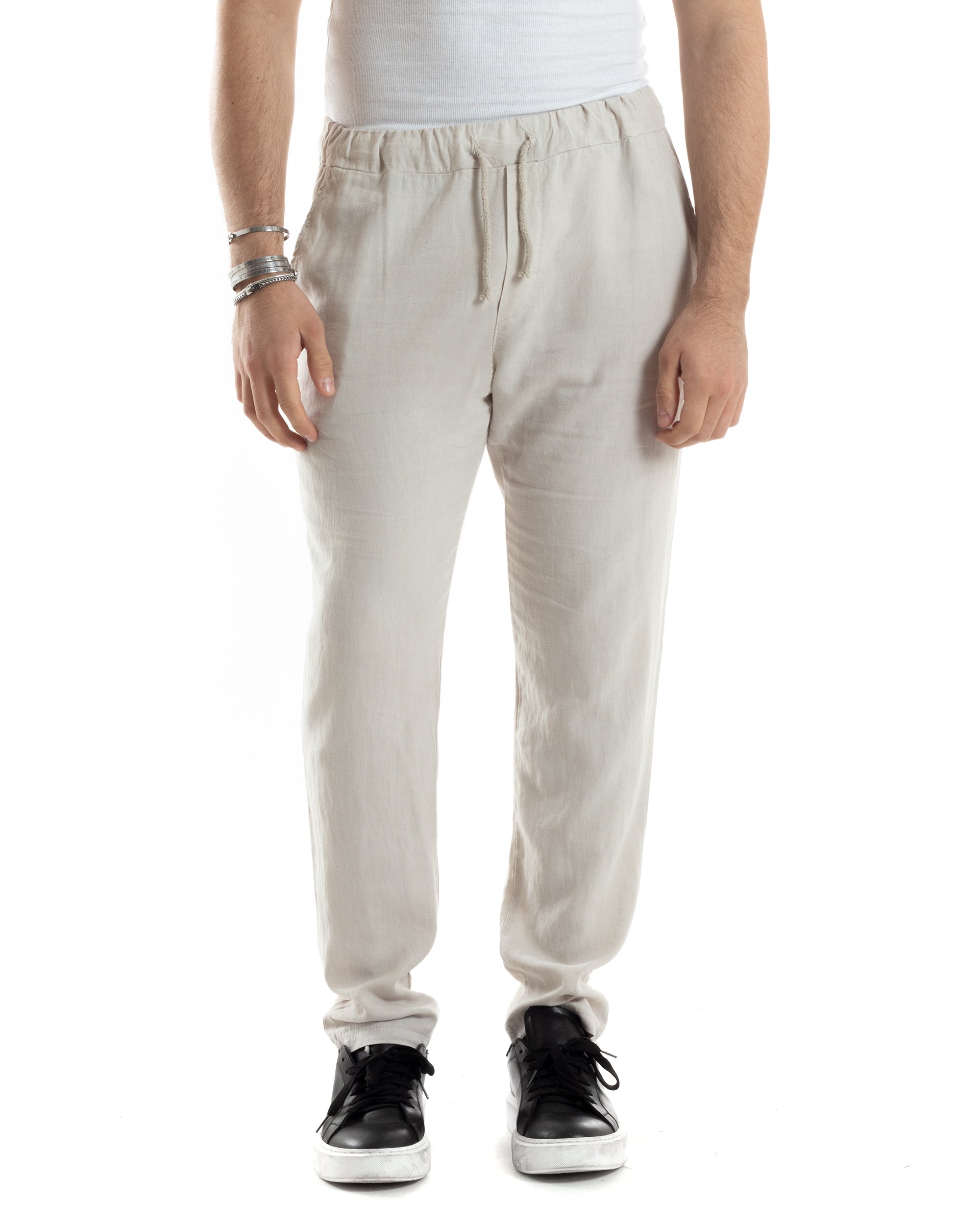 Pantaloni Uomo Lino Pantalaccio Lungo Con Elastico Regular Fit Con Coulisse Tinta Unita Beige Casual GIOSAL-P6098A