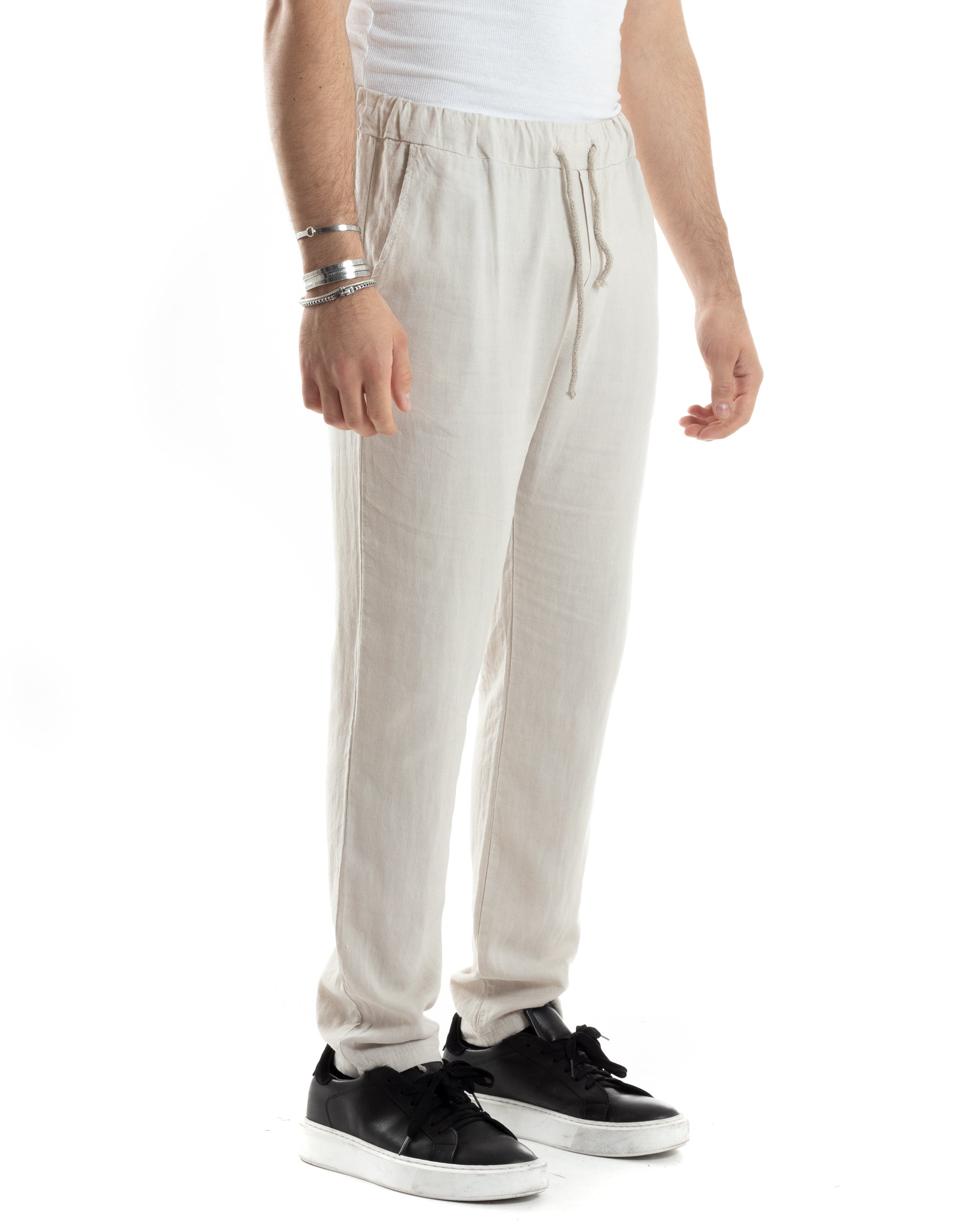 Pantaloni Uomo Lino Pantalaccio Lungo Con Elastico Regular Fit Con Coulisse Tinta Unita Beige Casual GIOSAL-P6098A
