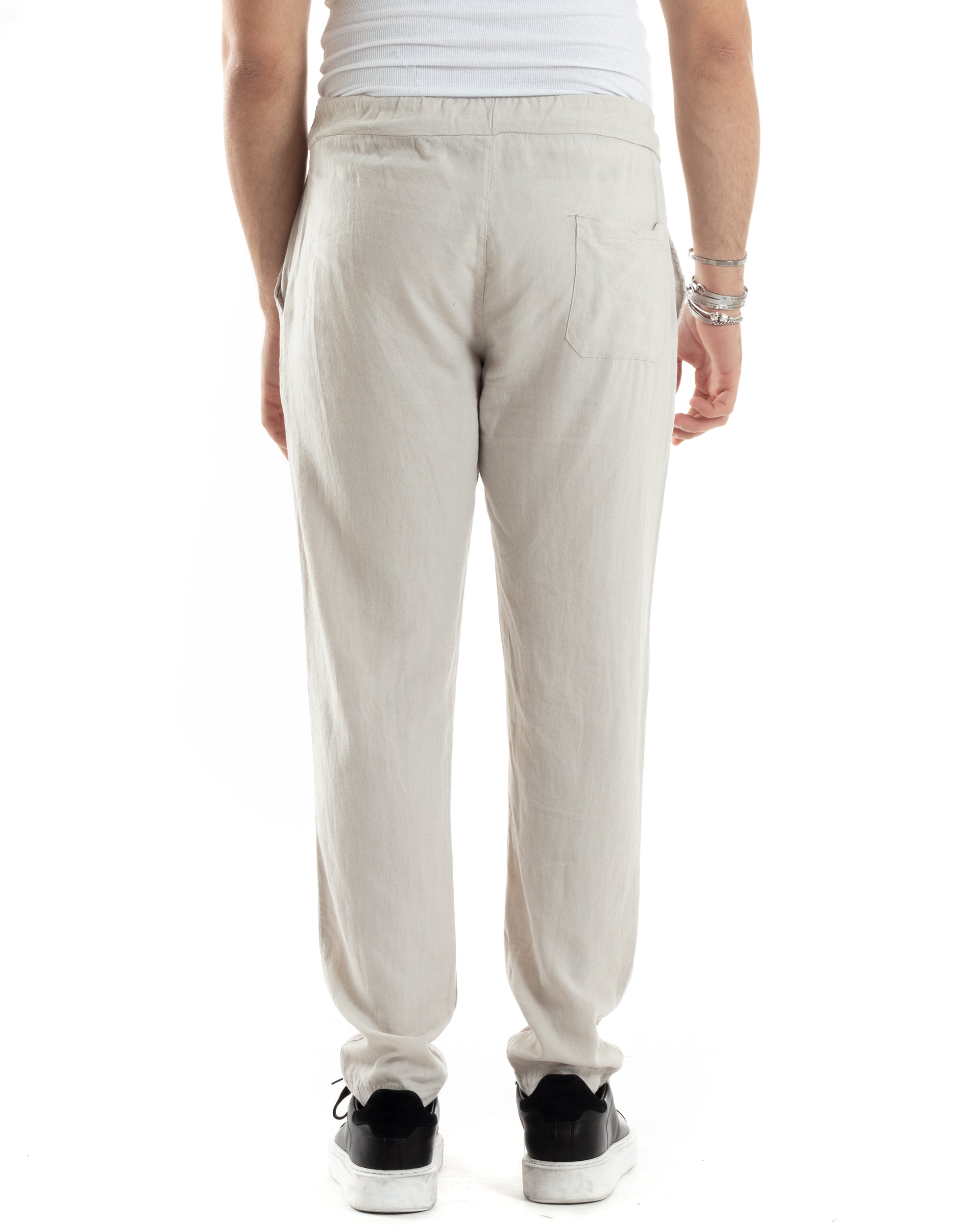 Pantaloni Uomo Lino Pantalaccio Lungo Con Elastico Regular Fit Con Coulisse Tinta Unita Beige Casual GIOSAL-P6098A