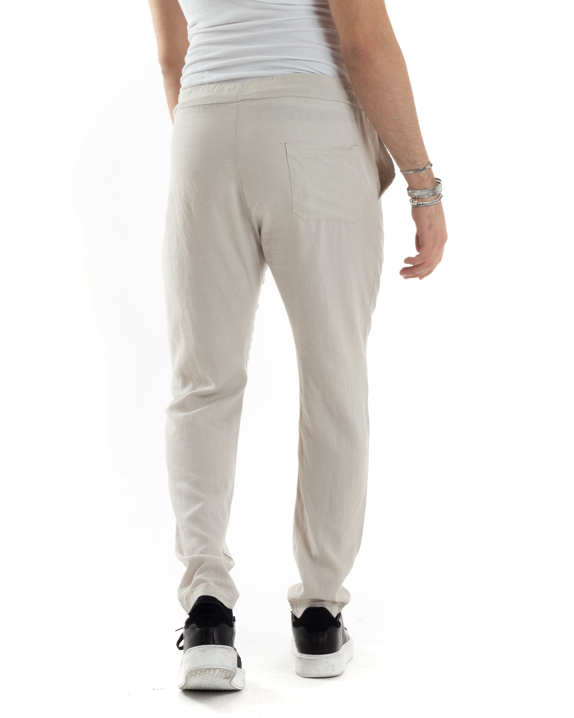 Pantaloni Uomo Lino Pantalaccio Lungo Con Elastico Regular Fit Con Coulisse Tinta Unita Beige Casual GIOSAL-P6098A