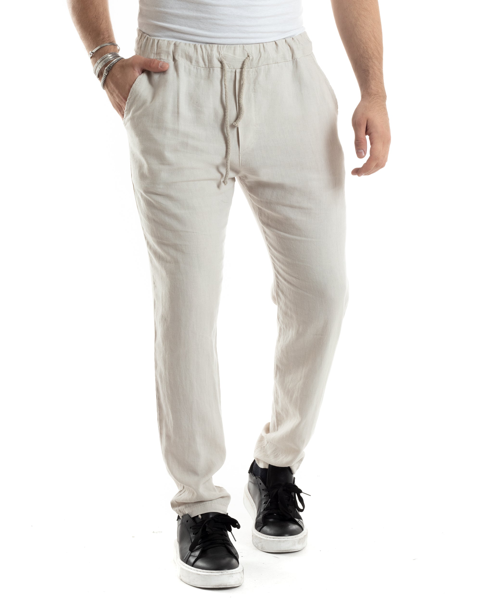 Pantaloni Uomo Lino Pantalaccio Lungo Con Elastico Regular Fit Con Coulisse Tinta Unita Beige Casual GIOSAL-P6098A