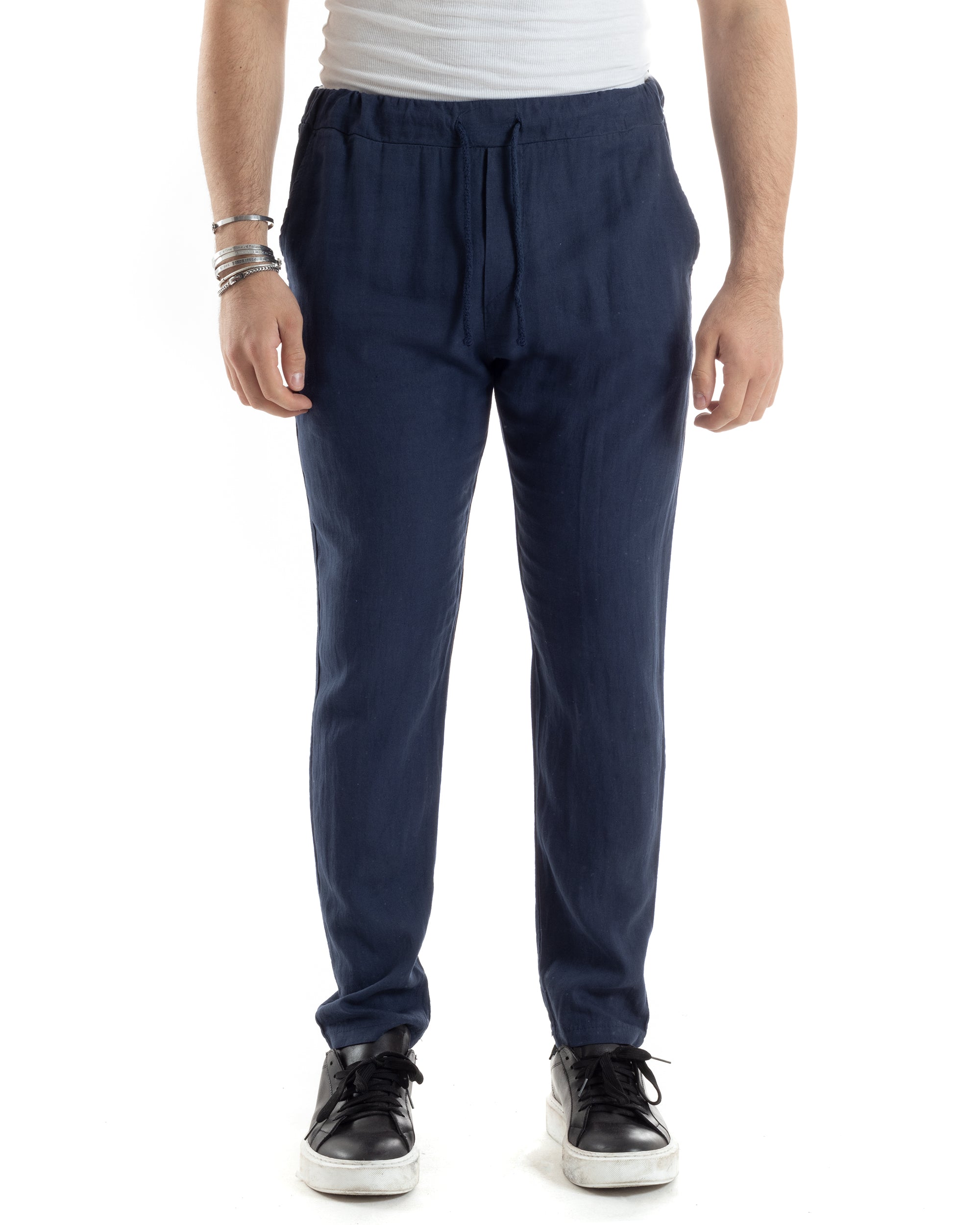 Pantaloni Uomo Lino Pantalaccio Lungo Con Elastico Regular Fit Con Coulisse Tinta Unita Blu Casual GIOSAL-P6099A