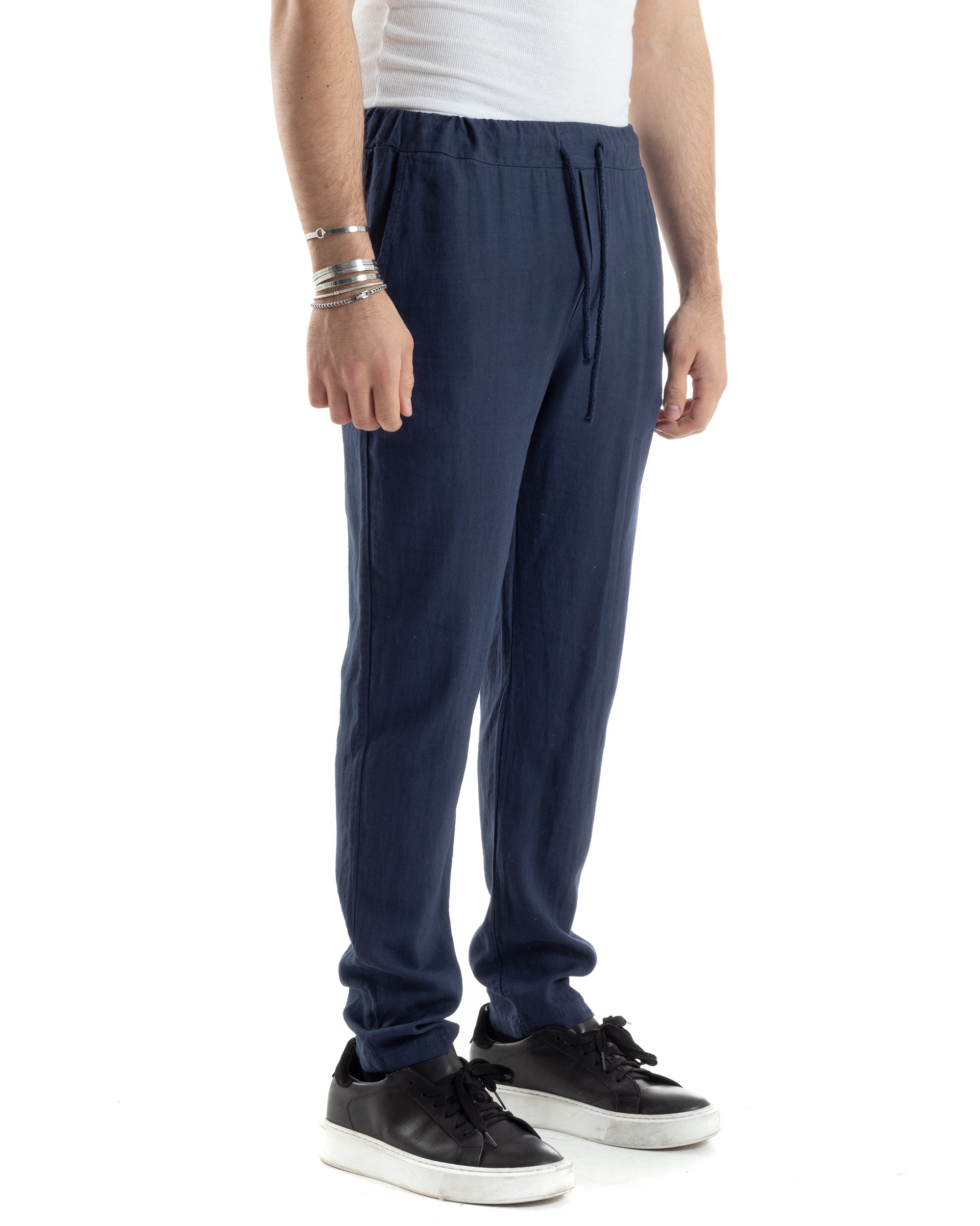 Pantaloni Uomo Lino Pantalaccio Lungo Con Elastico Regular Fit Con Coulisse Tinta Unita Blu Casual GIOSAL-P6099A