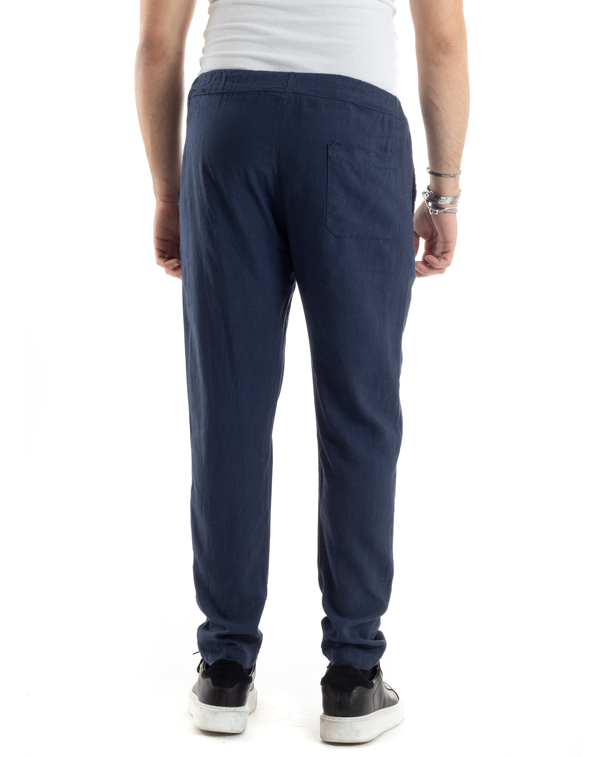 Pantaloni Uomo Lino Pantalaccio Lungo Con Elastico Regular Fit Con Coulisse Tinta Unita Blu Casual GIOSAL-P6099A