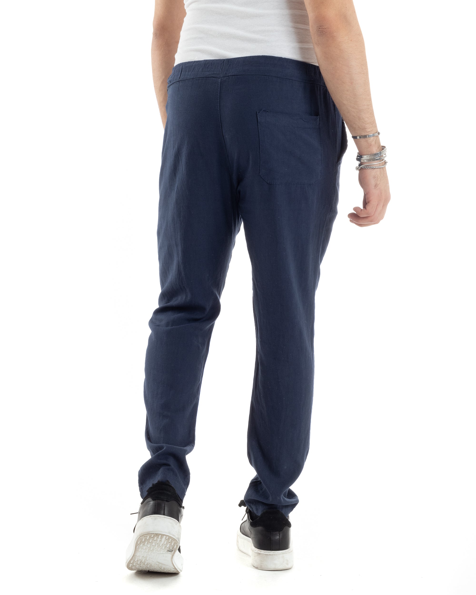 Pantaloni Uomo Lino Pantalaccio Lungo Elastico Regular Fit Tinta Unita Blu Casual GIOSAL-P6099A