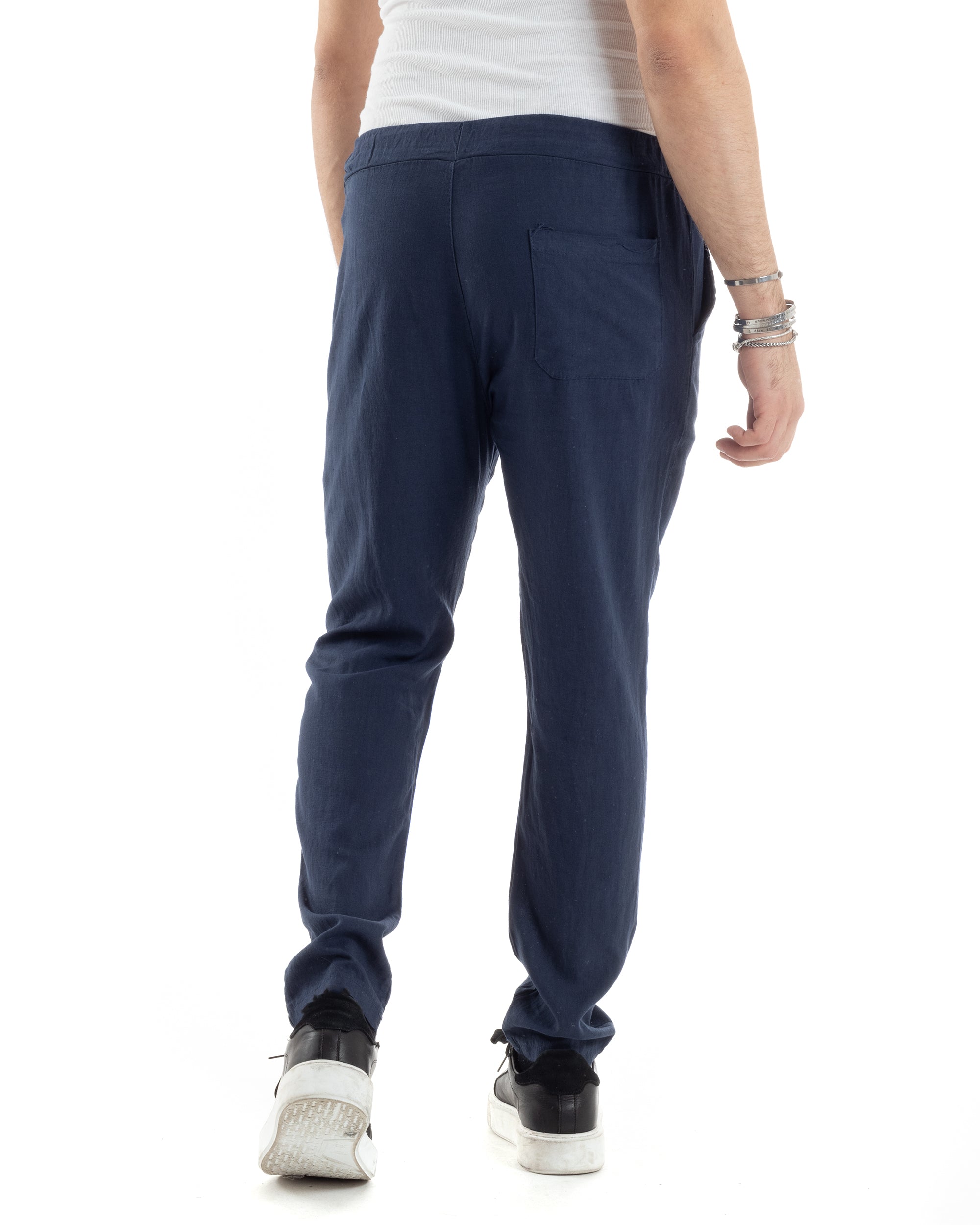 Pantaloni Uomo Lino Pantalaccio Lungo Con Elastico Regular Fit Con Coulisse Tinta Unita Blu Casual GIOSAL-P6099A