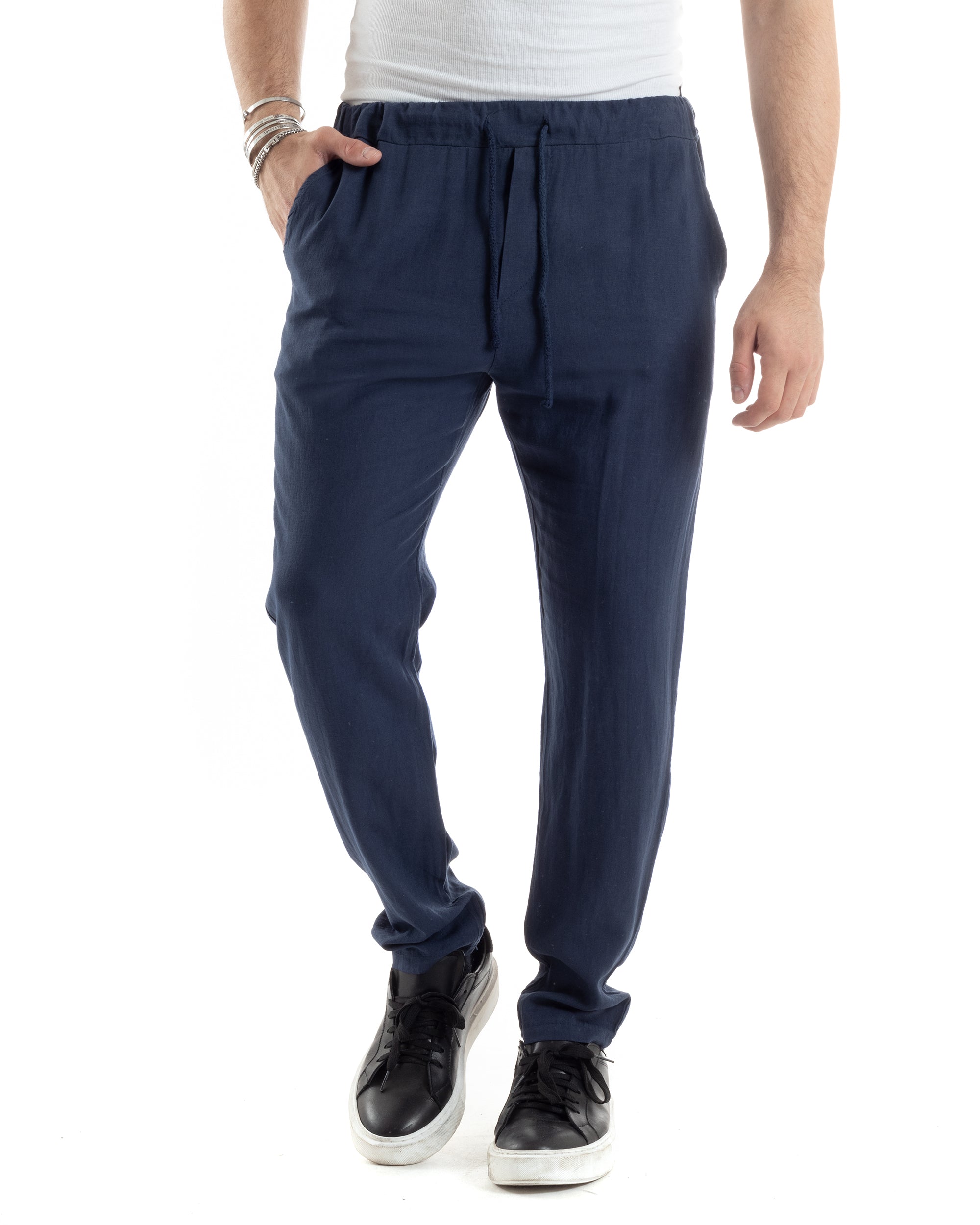Pantaloni Uomo Lino Pantalaccio Lungo Con Elastico Regular Fit Con Coulisse Tinta Unita Blu Casual GIOSAL-P6099A