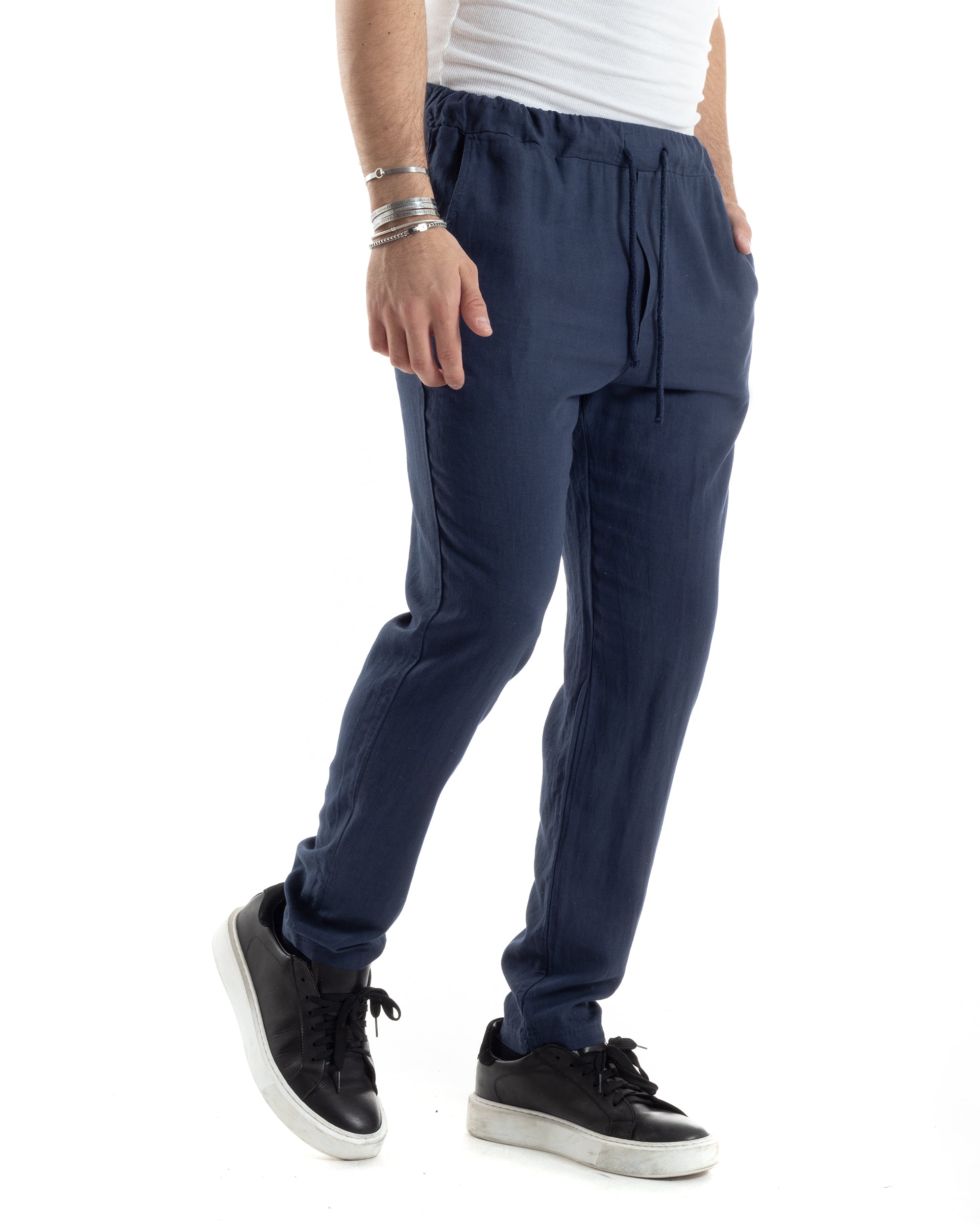 Pantaloni Uomo Lino Pantalaccio Lungo Con Elastico Regular Fit Con Coulisse Tinta Unita Blu Casual GIOSAL-P6099A