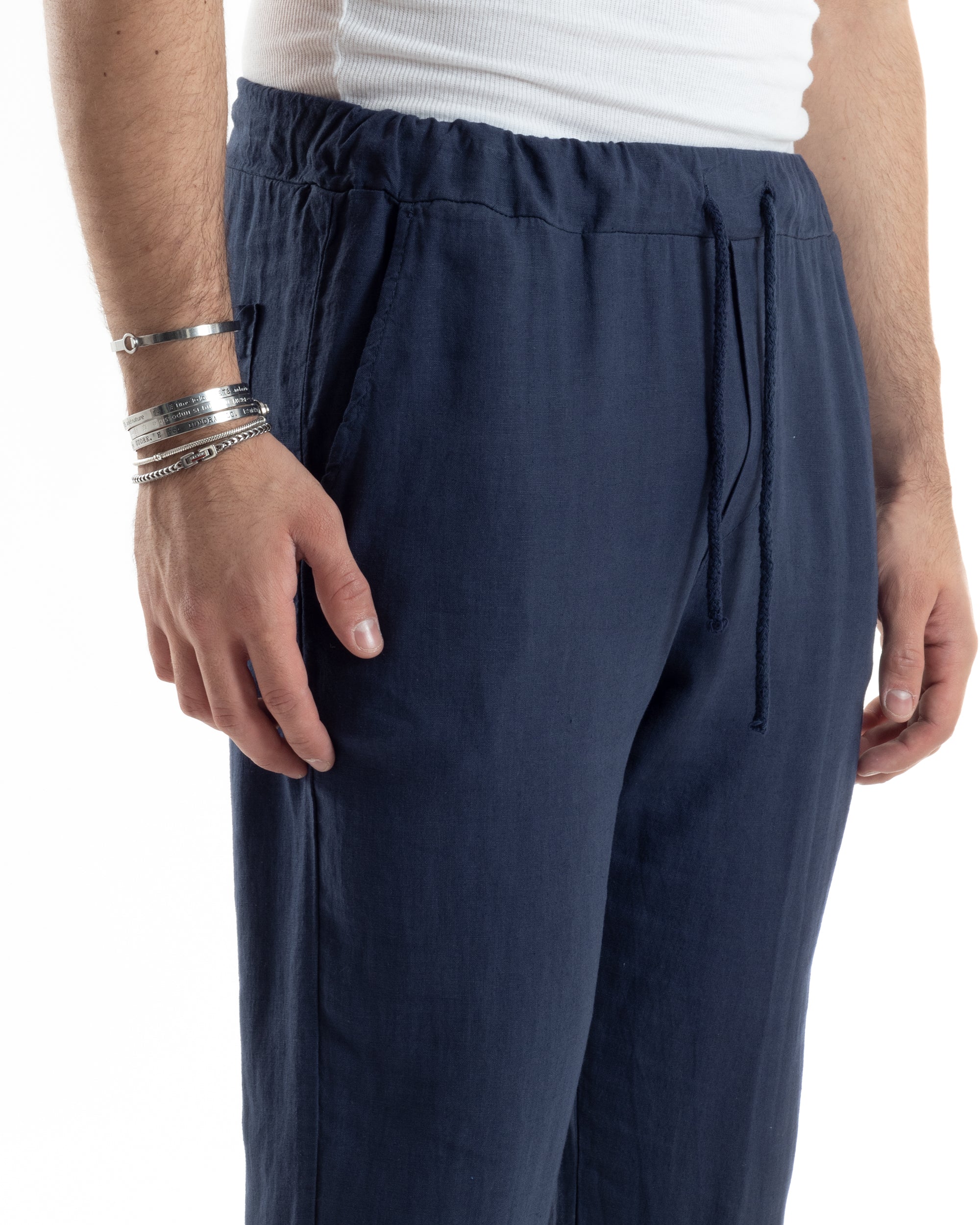 Pantaloni Uomo Lino Pantalaccio Lungo Con Elastico Regular Fit Con Coulisse Tinta Unita Blu Casual GIOSAL-P6099A