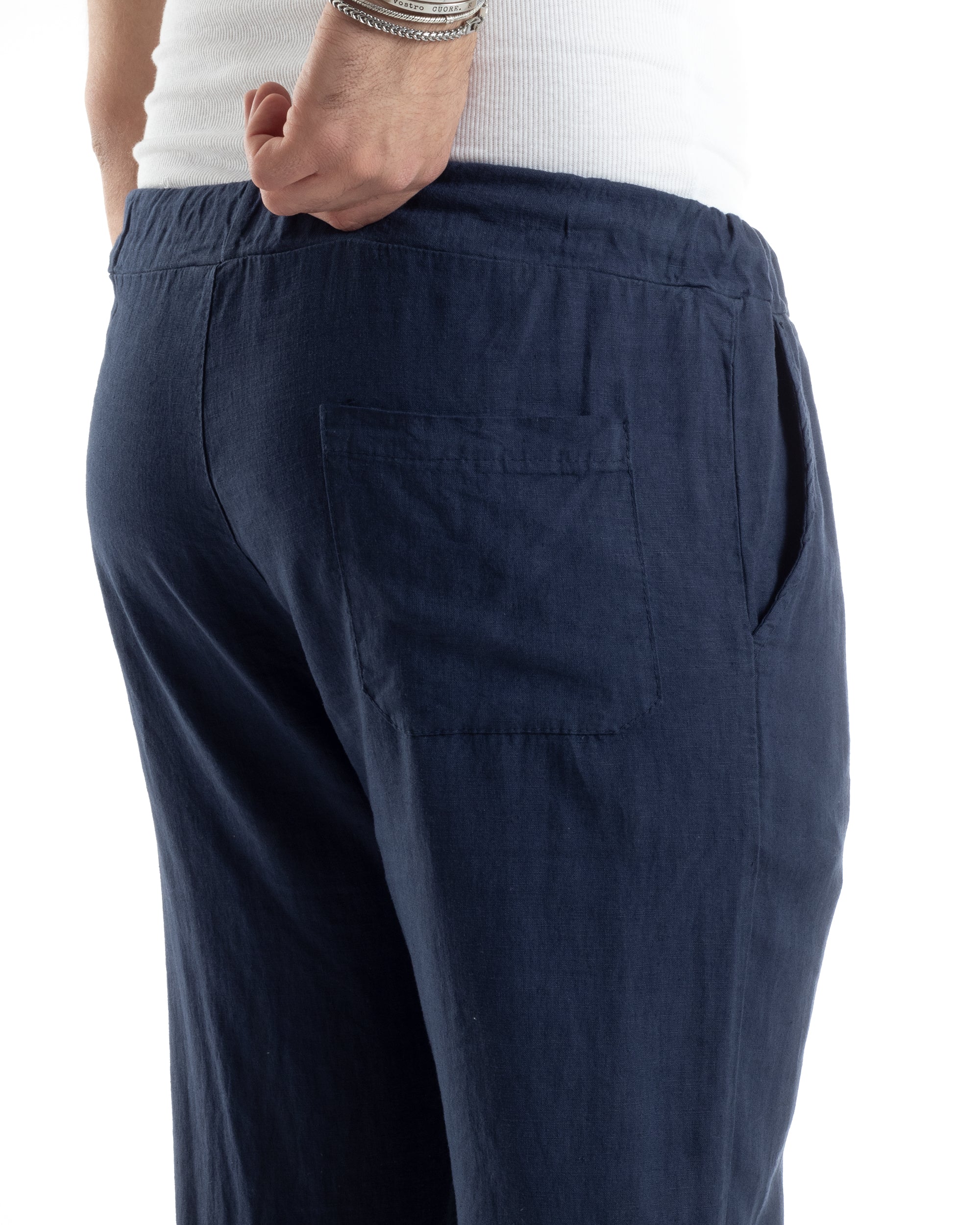 Pantaloni Uomo Lino Pantalaccio Lungo Con Elastico Regular Fit Con Coulisse Tinta Unita Blu Casual GIOSAL-P6099A