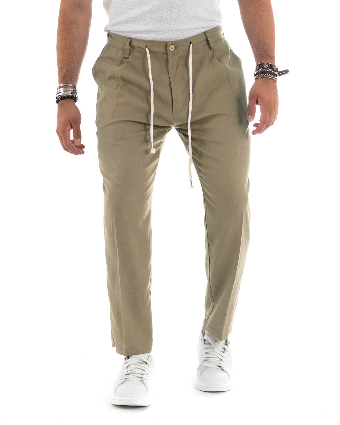 Pantaloni Uomo Lino Con Tasca America Basic Con Coulisse Elastico Sul Retro Casual Fango GIOSAL-P6103A