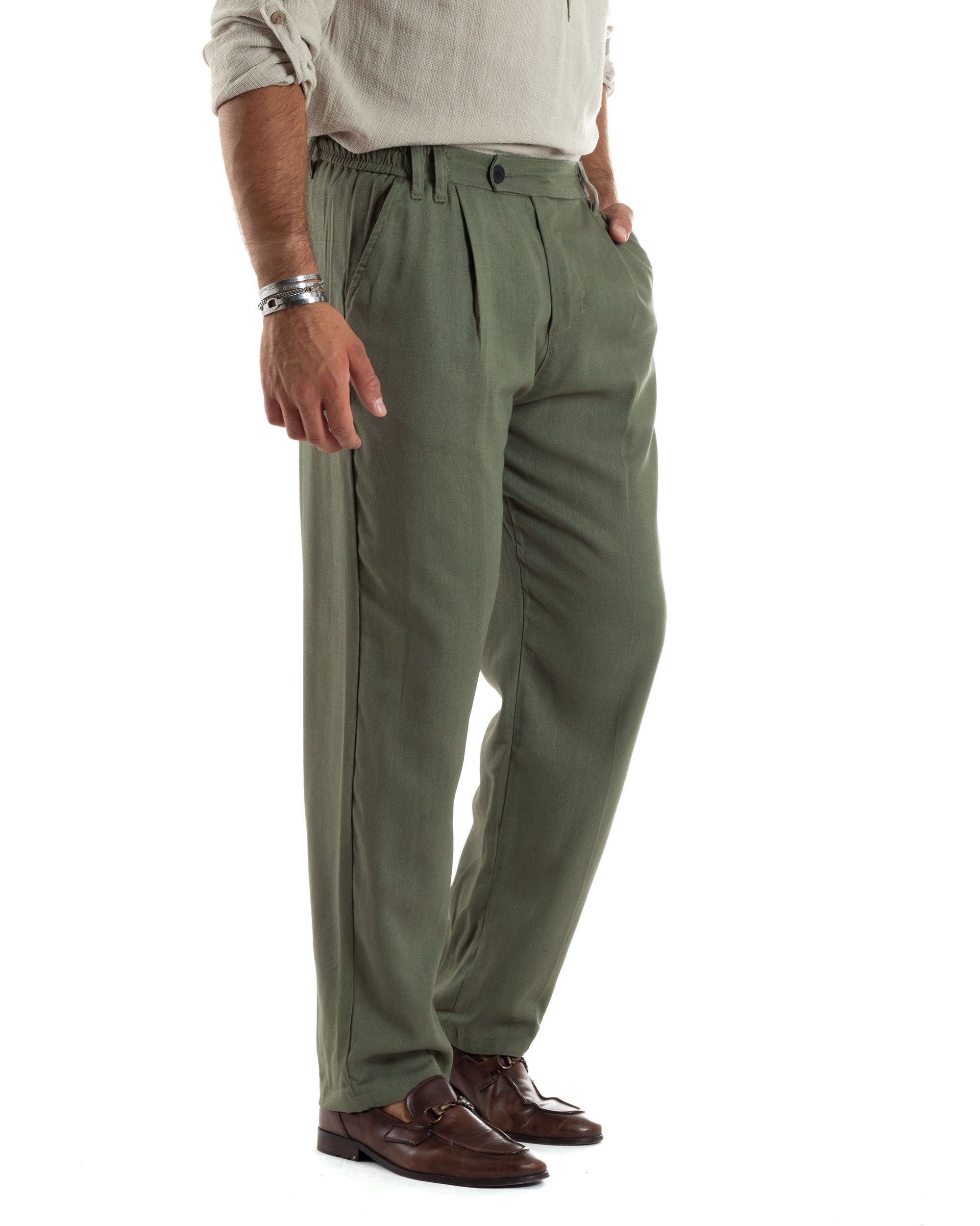 Pantaloni Uomo Lino Baggy Lungo Abbottonatura Allungata Tasche America Pinces Elastico Sul Retro Casual Tinta Unita Verde GIOSAL-P6108A