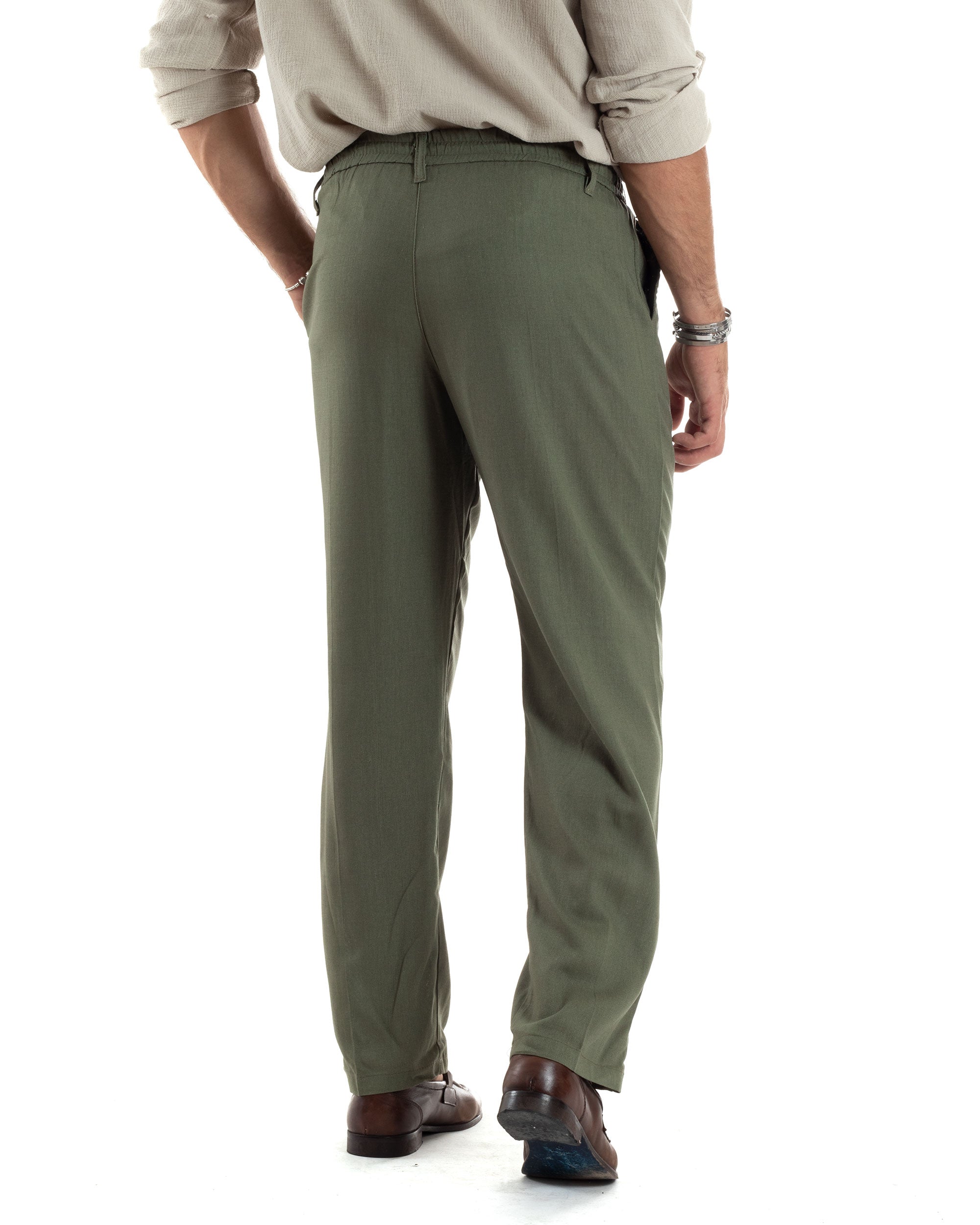 Pantaloni Uomo Lino Baggy Lungo Abbottonatura Allungata Tasche America Pinces Elastico Sul Retro Casual Tinta Unita Verde GIOSAL-P6108A