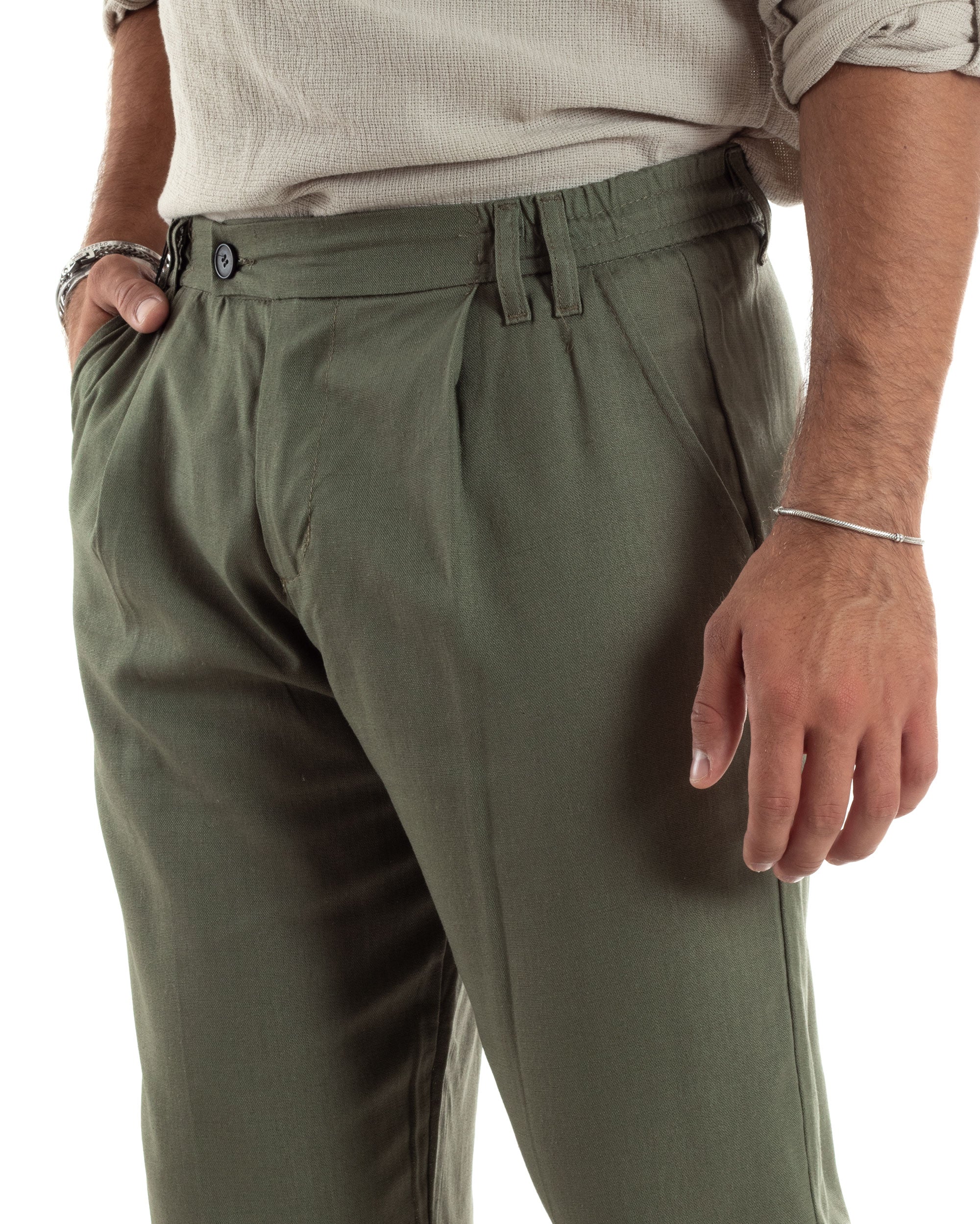 Pantaloni Uomo Lino Baggy Lungo Abbottonatura Allungata Tasche America Pinces Elastico Sul Retro Casual Tinta Unita Verde GIOSAL-P6108A