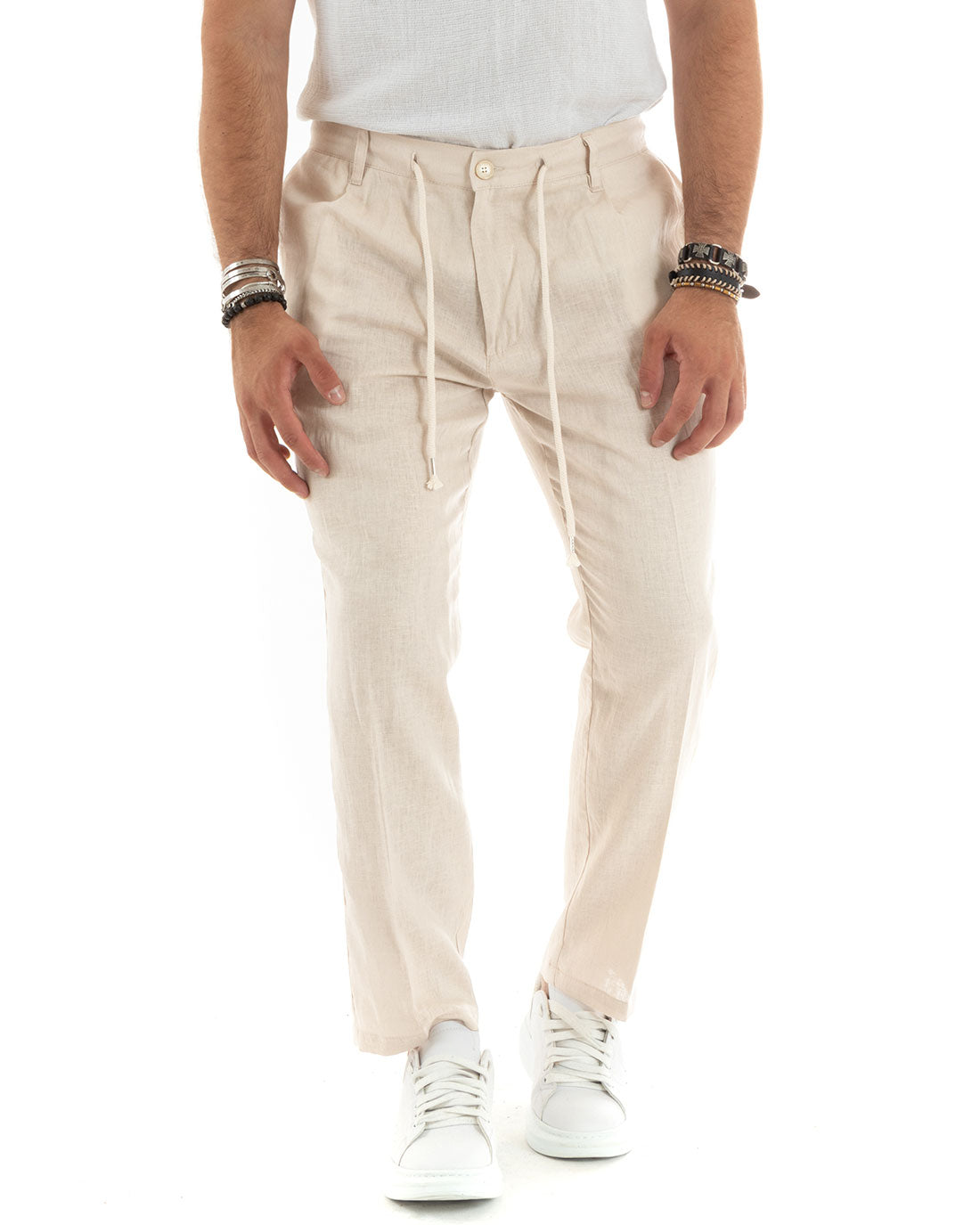 Pantaloni Uomo Lino Con Tasca America Basic Con Coulisse Elastico Sul Retro Casual Beige Chiaro GIOSAL-P6113A