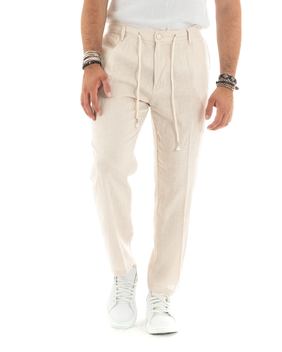 Pantaloni Uomo Lino Con Tasca America Basic Con Coulisse Elastico Sul Retro Casual Beige Chiaro GIOSAL-P6113A