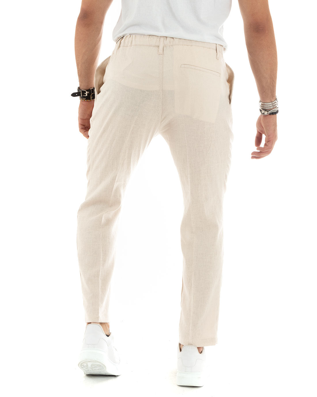 Pantaloni Uomo Lino Con Tasca America Basic Con Coulisse Elastico Sul Retro Casual Beige Chiaro GIOSAL-P6113A