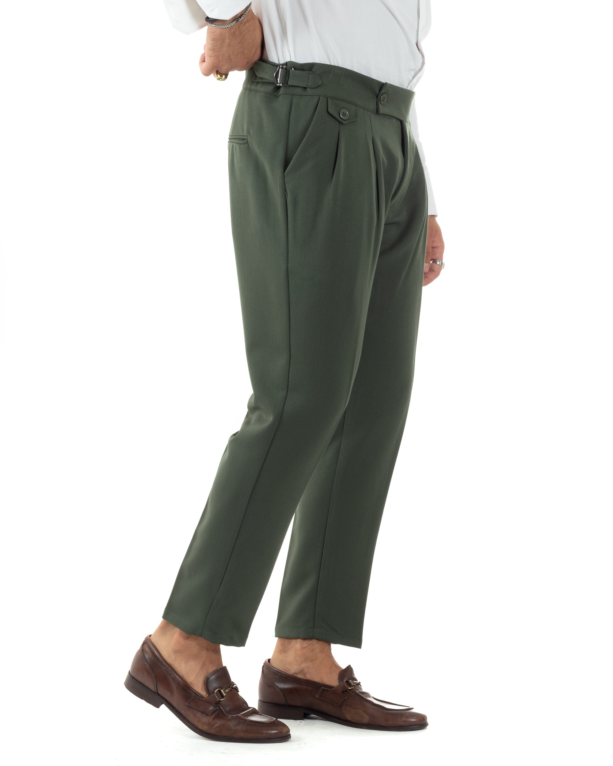 Pantaloni Uomo Classico Con Pinces Viscosa Vita Alta Gurkha Pants Fibbie Verde P6116A