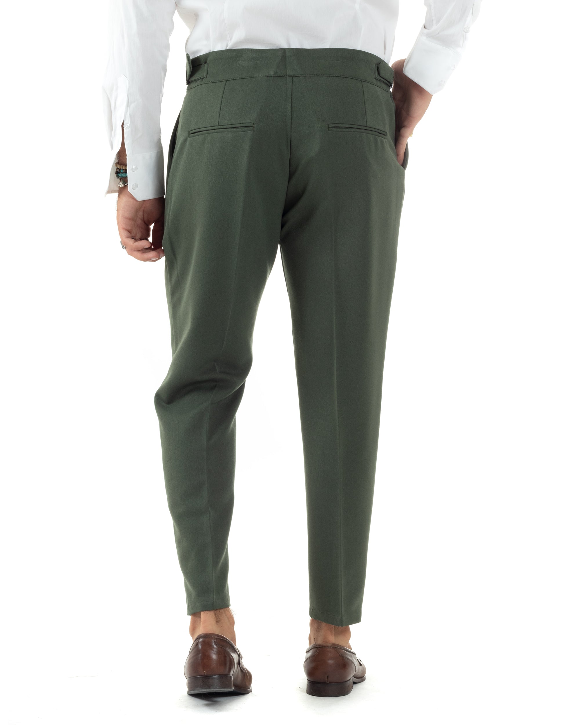 Pantaloni Uomo Classico Con Pinces Viscosa Vita Alta Gurkha Pants Fibbie Verde P6116A