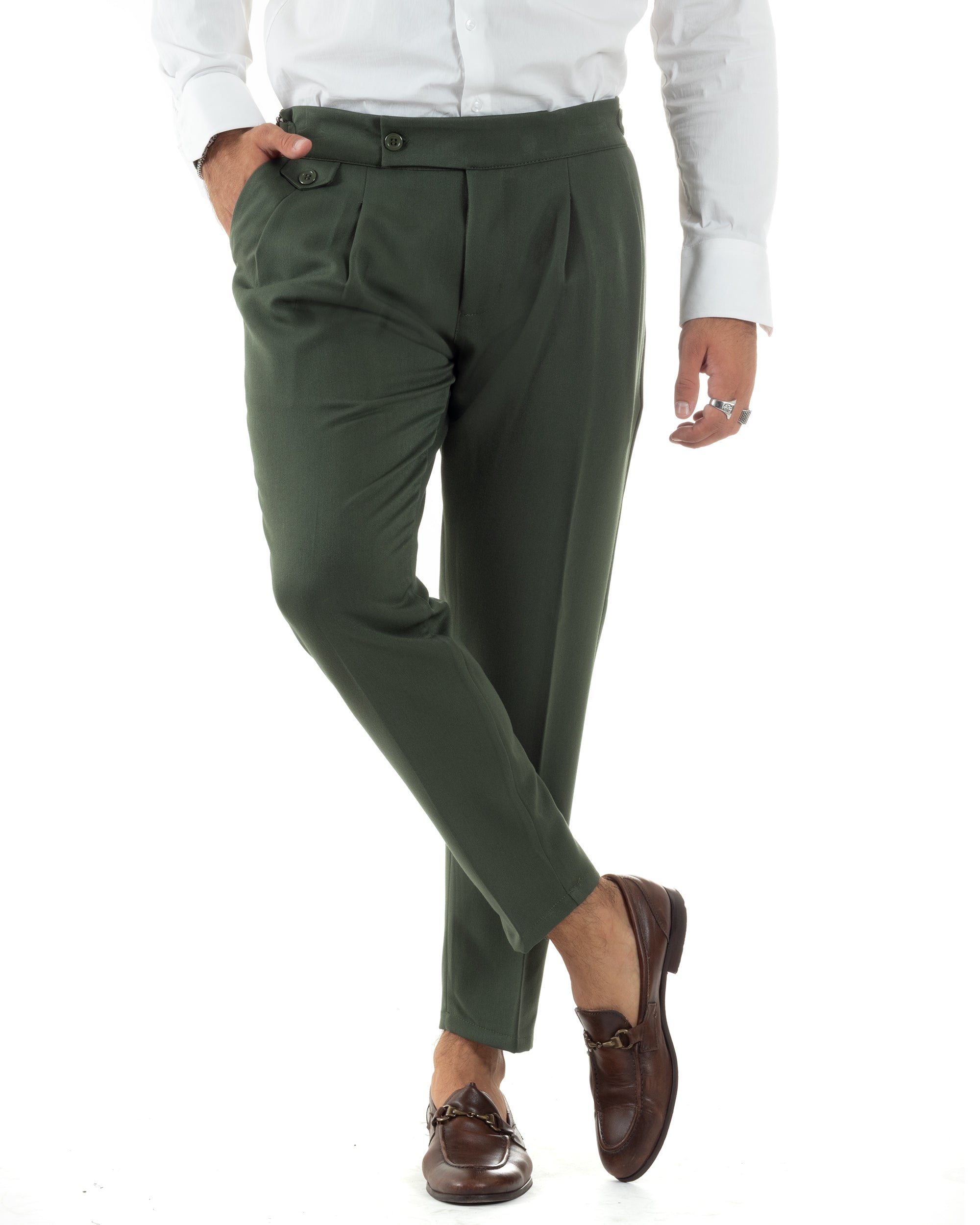 Pantaloni Uomo Classico Con Pinces Viscosa Vita Alta Gurkha Pants Fibbie Verde P6116A