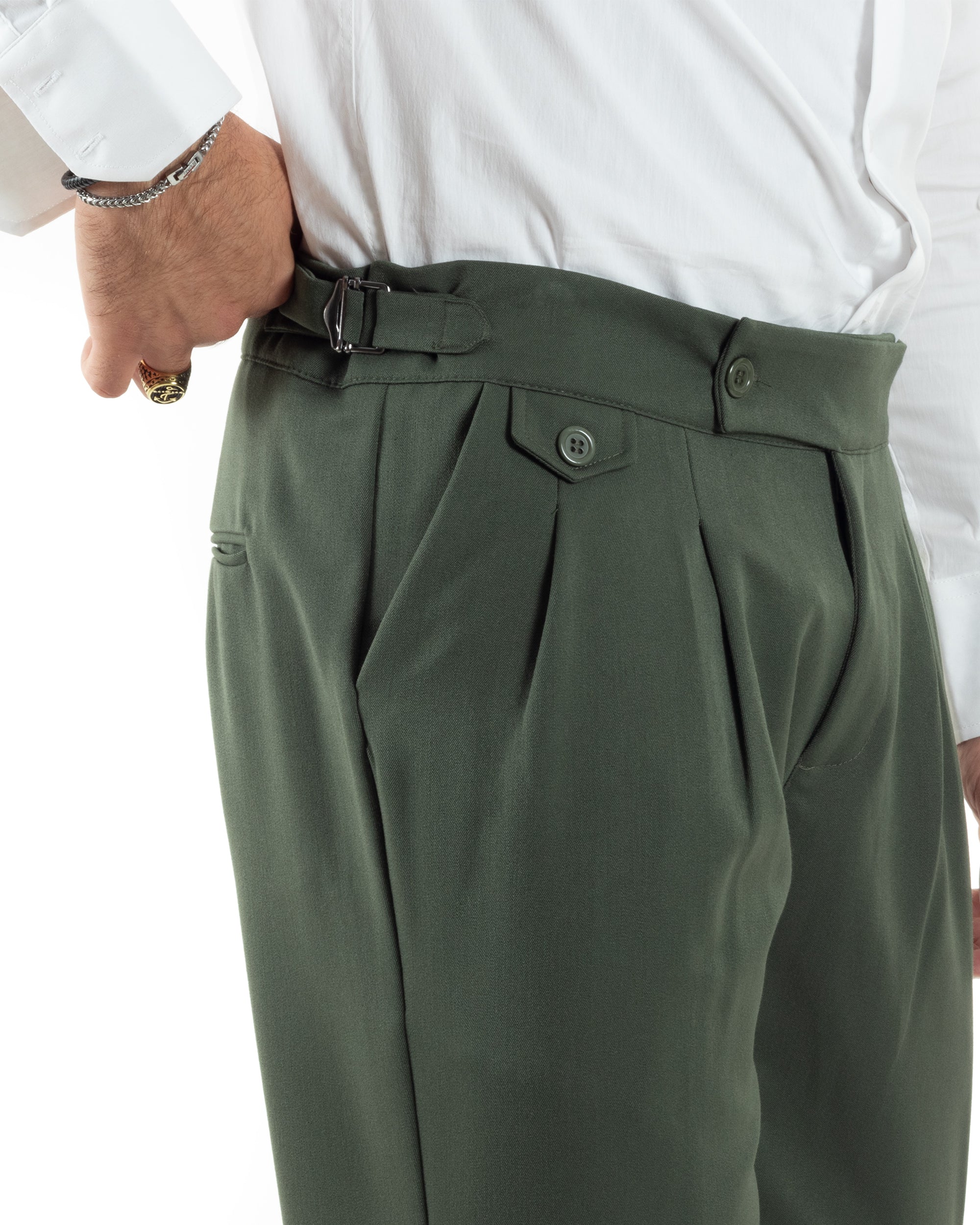Pantaloni Uomo Classico Con Pinces Viscosa Vita Alta Gurkha Pants Fibbie Verde P6116A