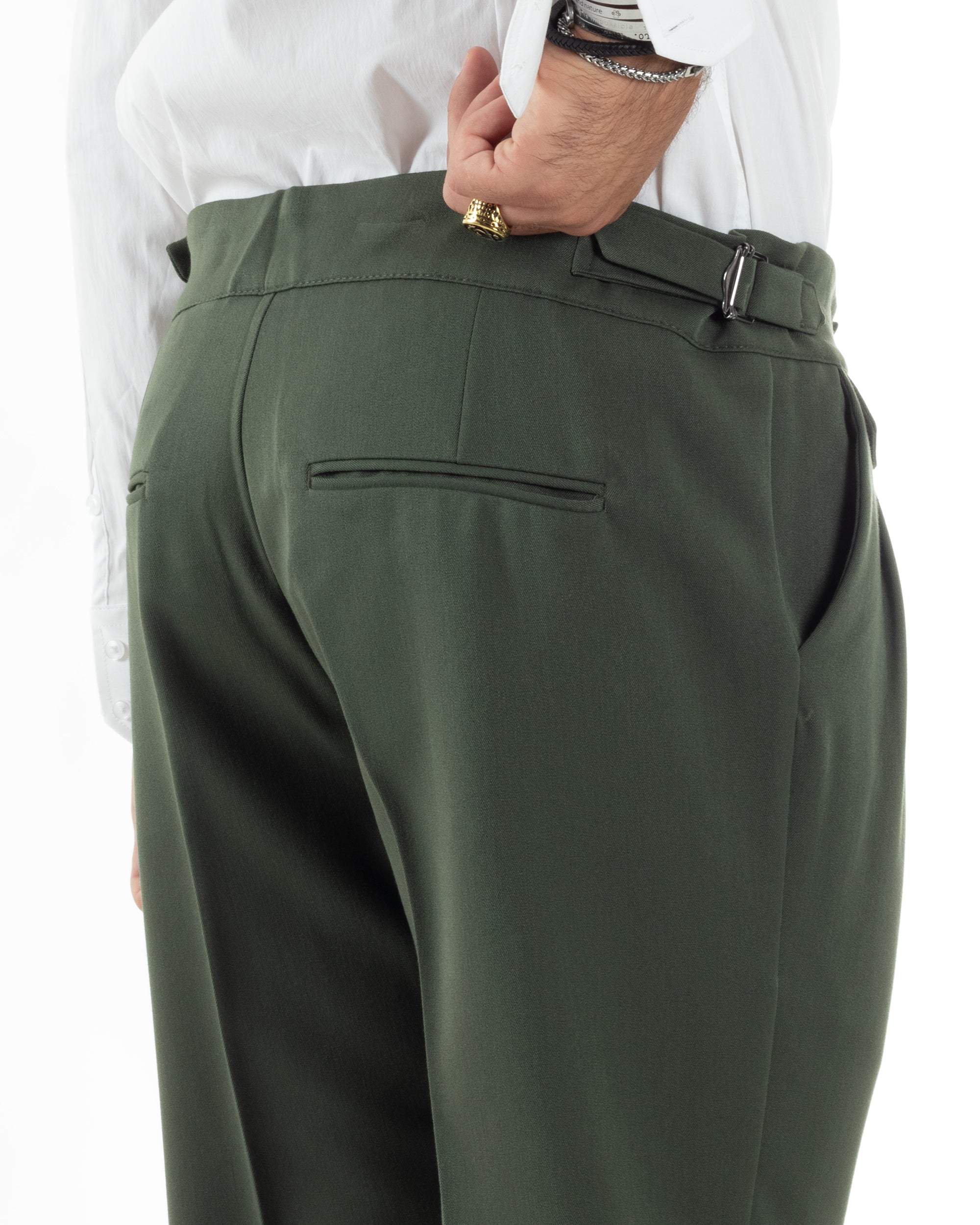 Pantaloni Uomo Classico Con Pinces Viscosa Vita Alta Gurkha Pants Fibbie Verde P6116A