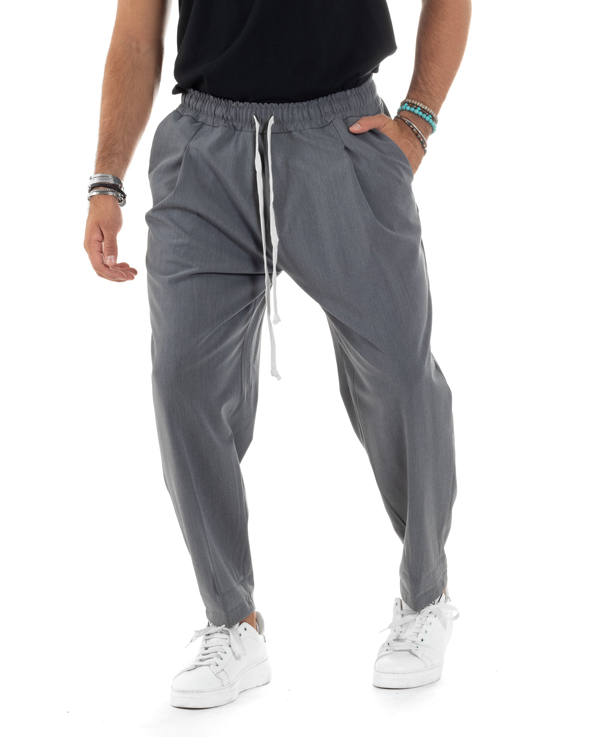 Pantaloni Uomo Con Coulisse Pantalaccio Con Pinces Morbido Viscosa Regular Fit Grigio GIOSAL-P6127A