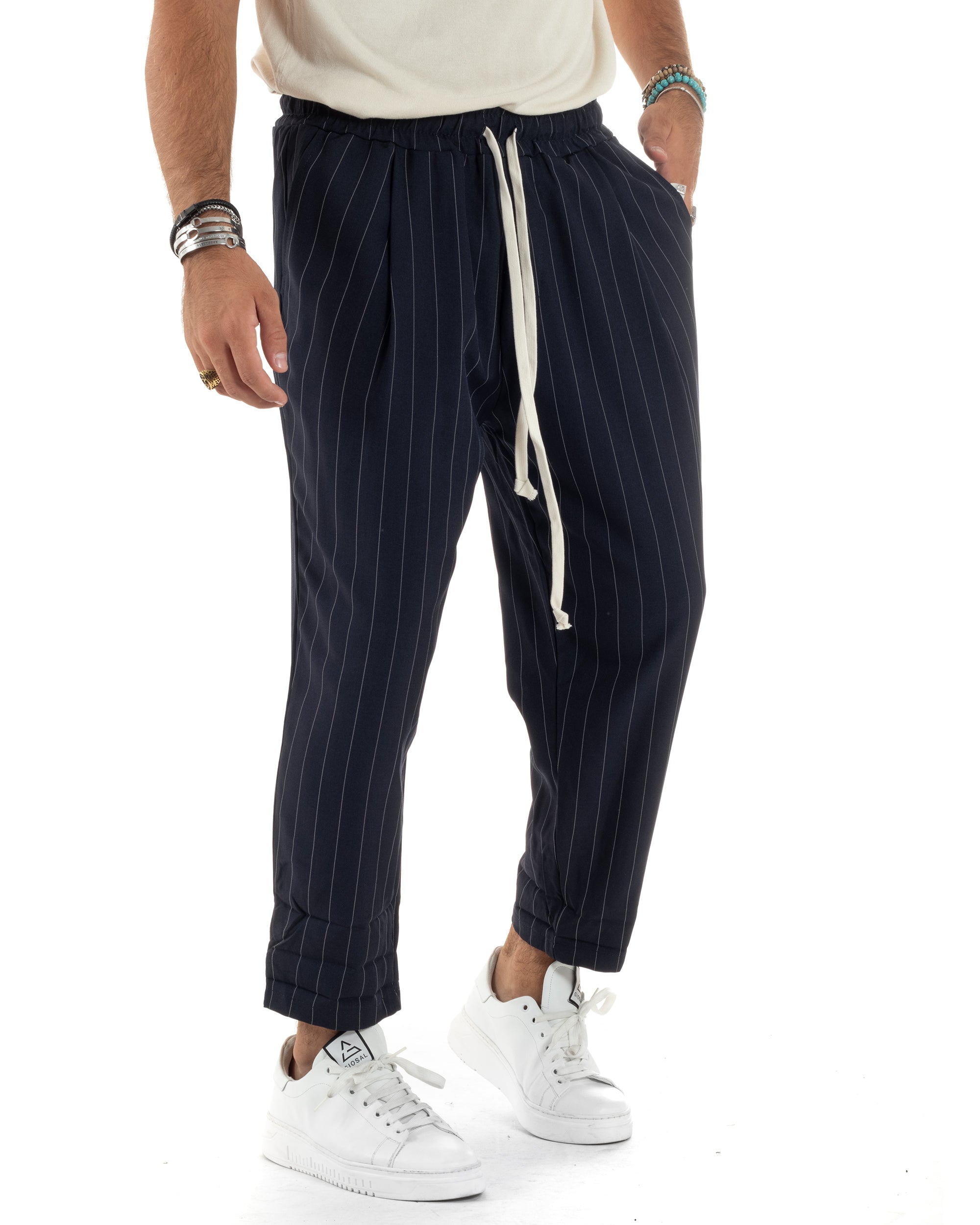 Pantalaccio Uomo Viscosa Morbido Regular Fit Pantaloni Con Coulisse Fantasia Gessata Rigato Blu GIOSAL-P6130A