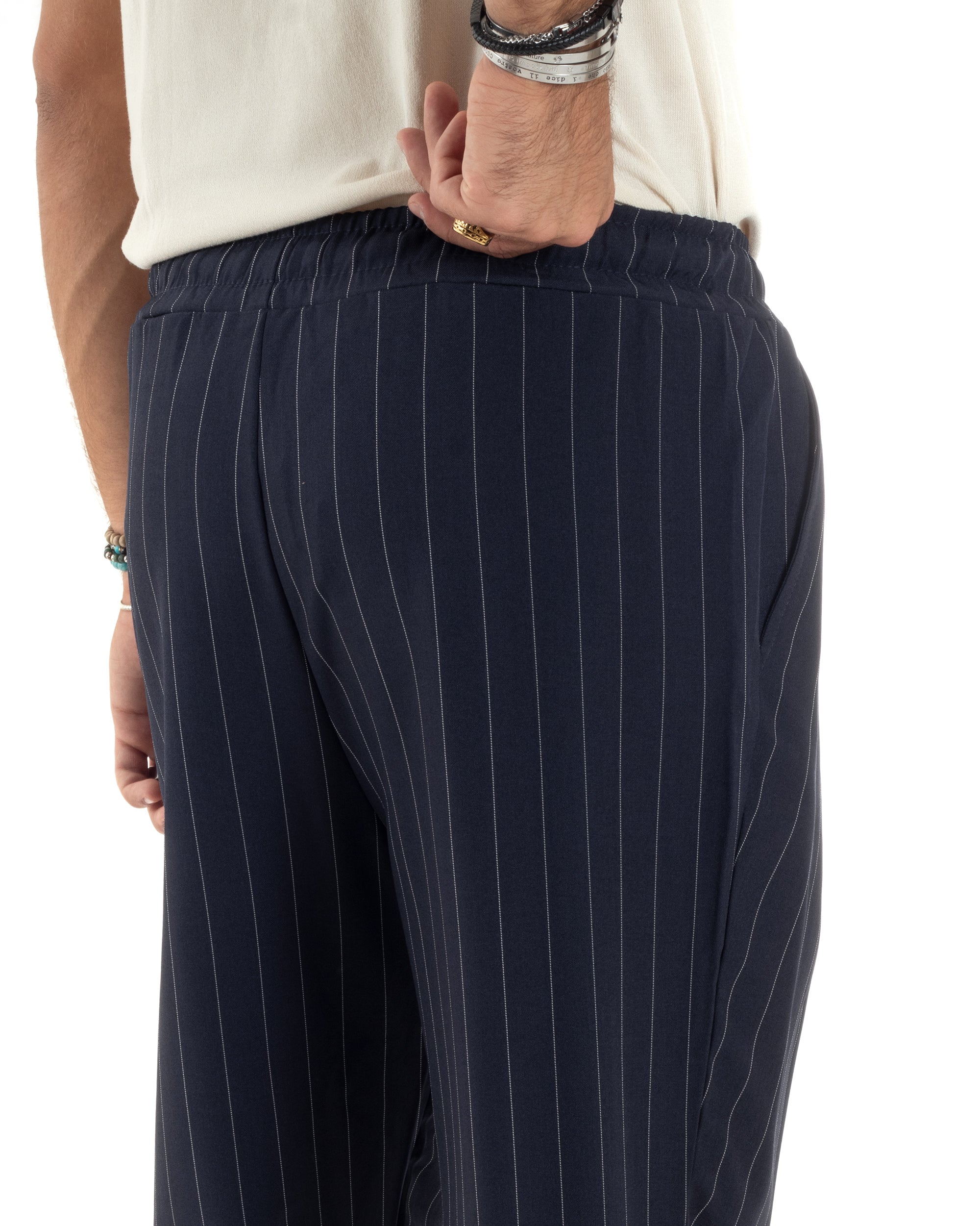 Pantalaccio Uomo Viscosa Morbido Regular Fit Pantaloni Con Coulisse Fantasia Gessata Rigato Blu GIOSAL-P6130A