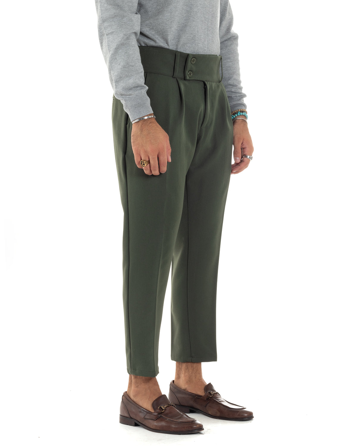 Men's Viscose Pants High Waist With Pleats Classic Bustier Elongated Button Down Casual Green GIOSAL-P6136A