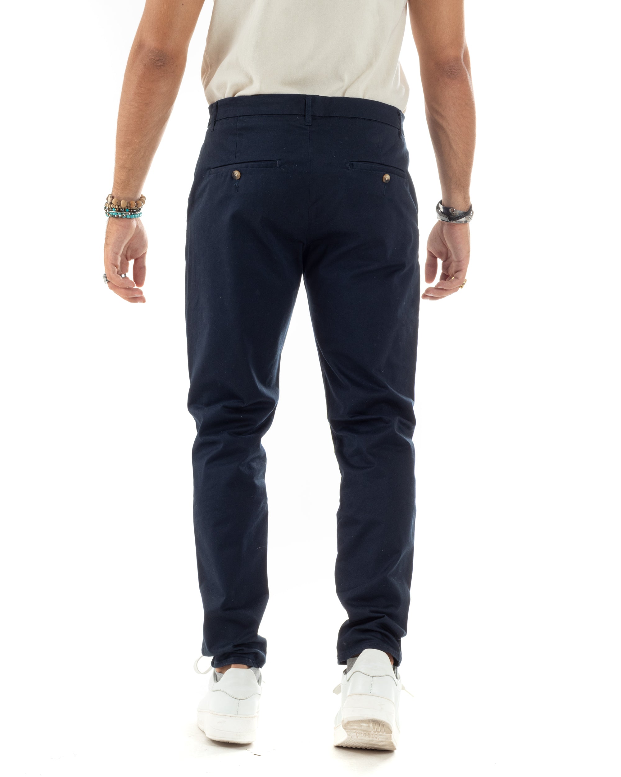 Pantaloni Uomo Cotone Raso Invernale Chinos Abbottonatura Allungata Tasca America Slim Fit Tinta Unita Blu GIOSAL-P6143A