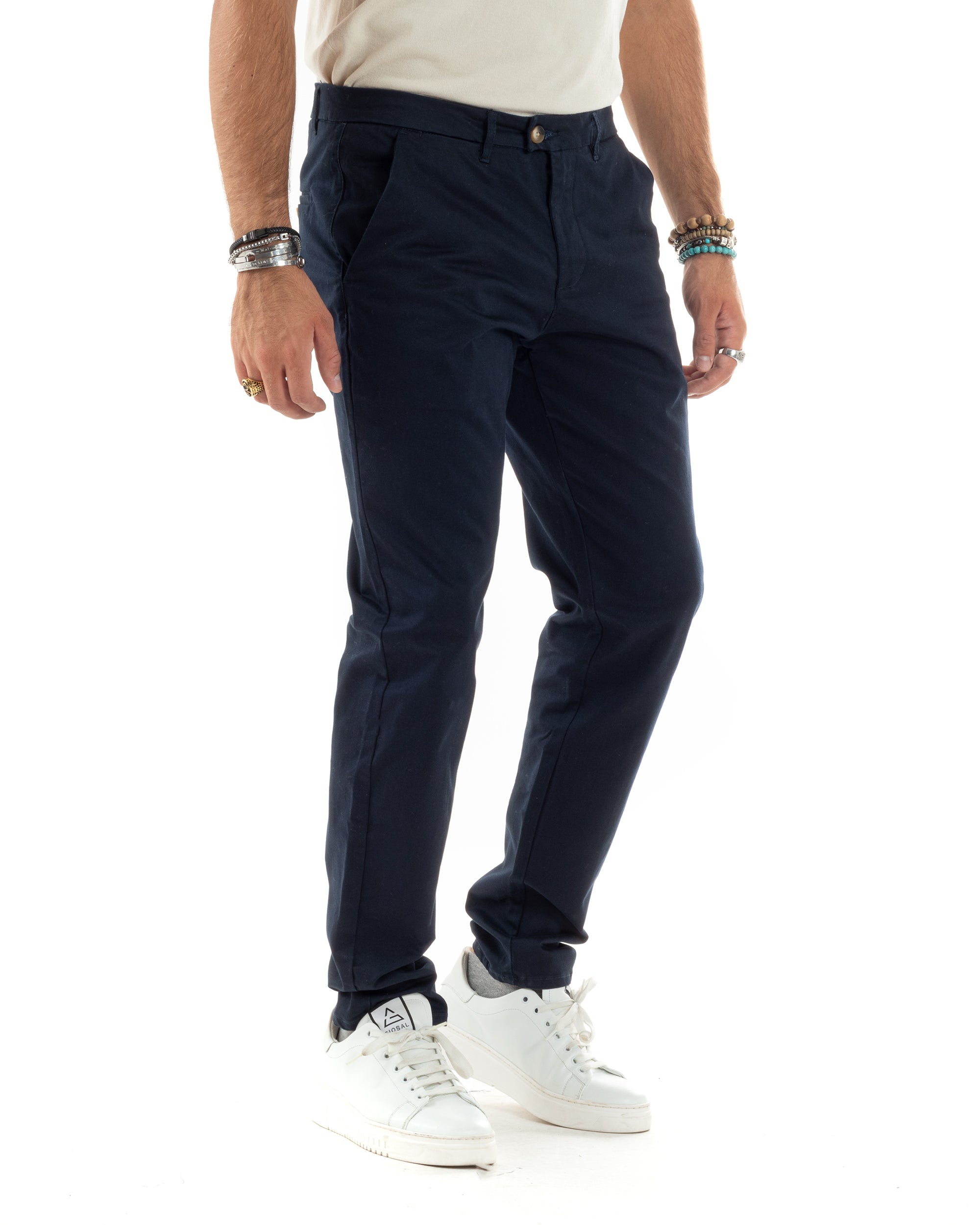 Pantaloni Uomo Cotone Raso Invernale Chinos Abbottonatura Allungata Tasca America Slim Fit Tinta Unita Blu GIOSAL-P6143A