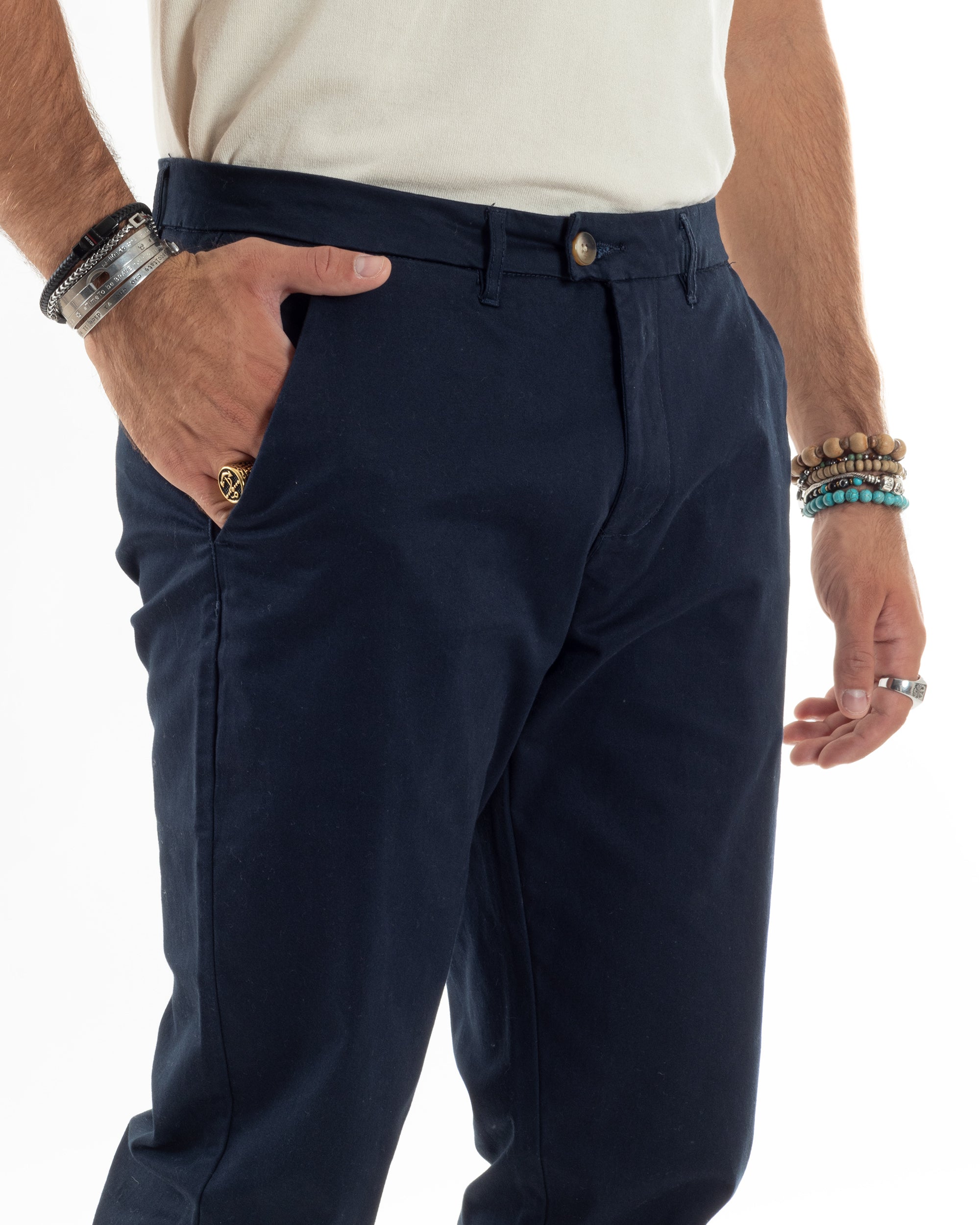 Pantaloni Uomo Cotone Raso Invernale Chinos Abbottonatura Allungata Tasca America Slim Fit Tinta Unita Blu GIOSAL-P6143A