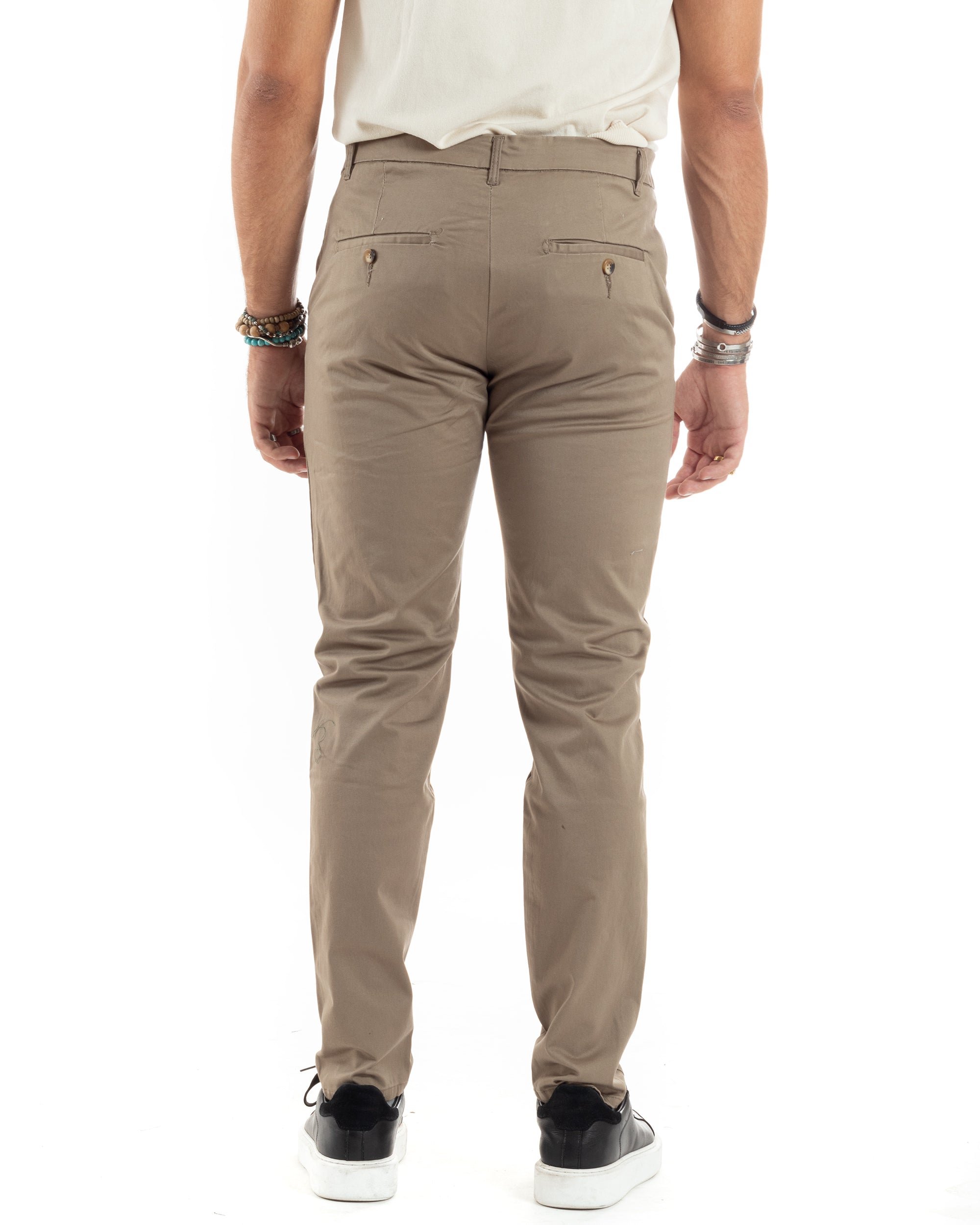 Pantaloni Uomo Cotone Raso Invernale Chinos Abbottonatura Allungata Tasca America Slim Fit Tinta Unita Beige GIOSAL-P6144A