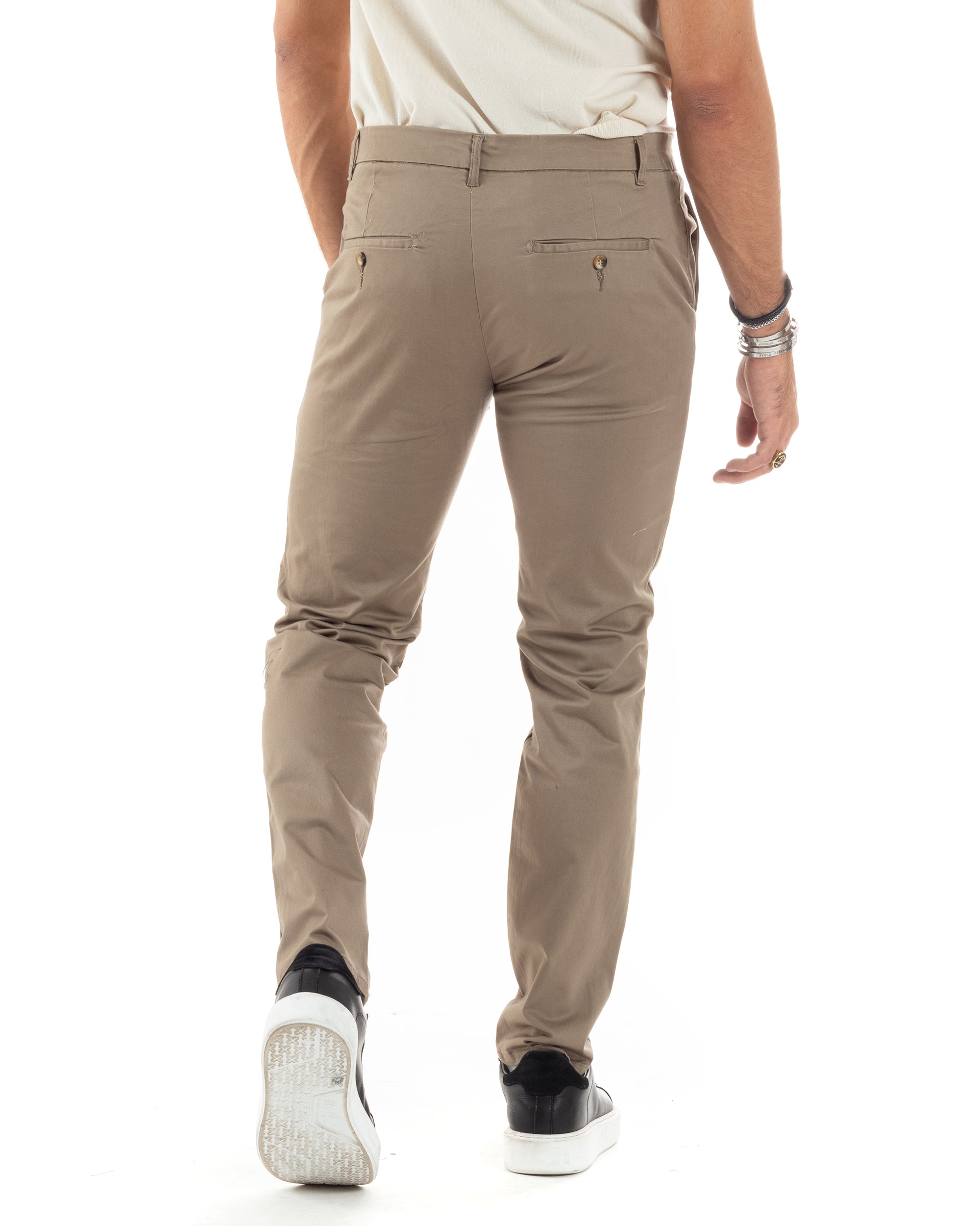 Pantaloni Uomo Cotone Raso Invernale Chinos Abbottonatura Allungata Tasca America Slim Fit Tinta Unita Beige GIOSAL-P6144A