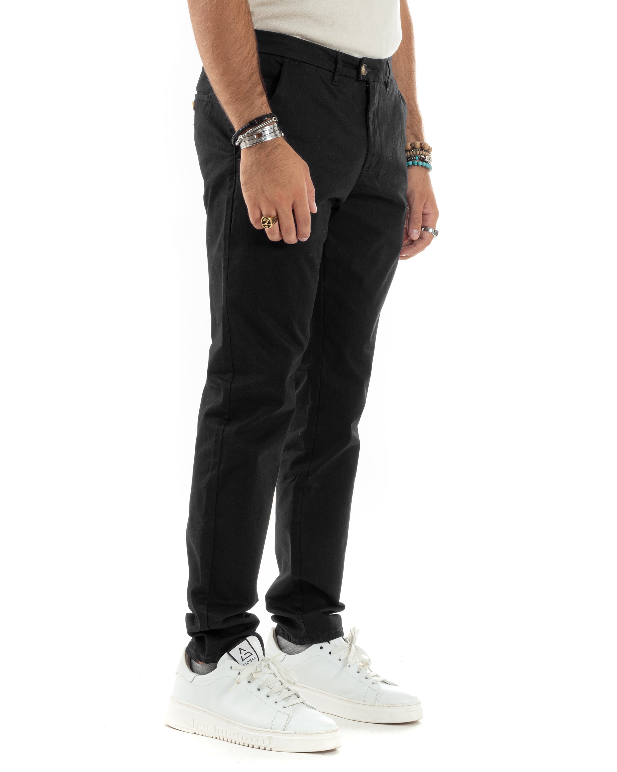 Pantaloni Uomo Cotone Raso Invernale Chinos Abbottonatura Allungata Tasca America Slim Fit Tinta Unita Nero GIOSAL-P6145A